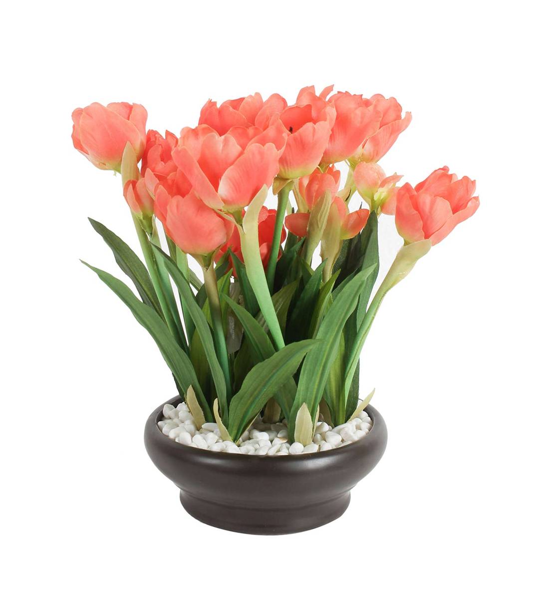Buy Orange Polyester Tulip Artificial Flower With Ceramic Pot By