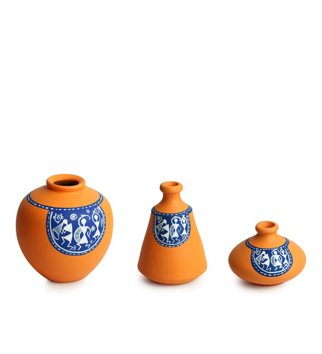 Buy Orange Terracotta 'The Warli Tales' HandPainted Vases, Set Of 3 by