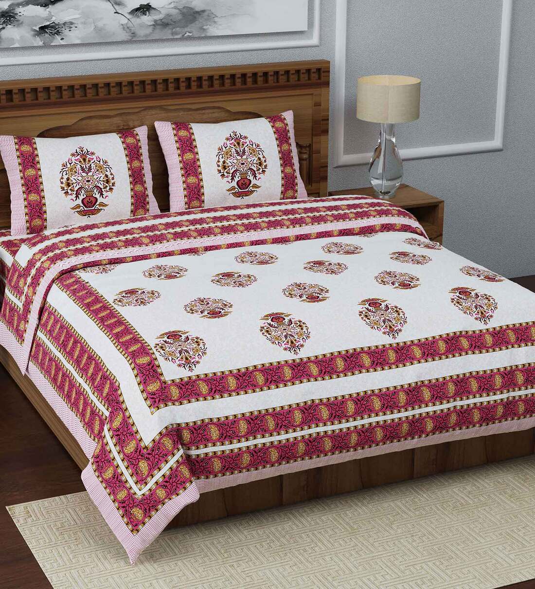 Buy Red Traditional 210 Tc Cotton King Sized Bed Sheets With 2 Pillow Covers By Aarna Trendz