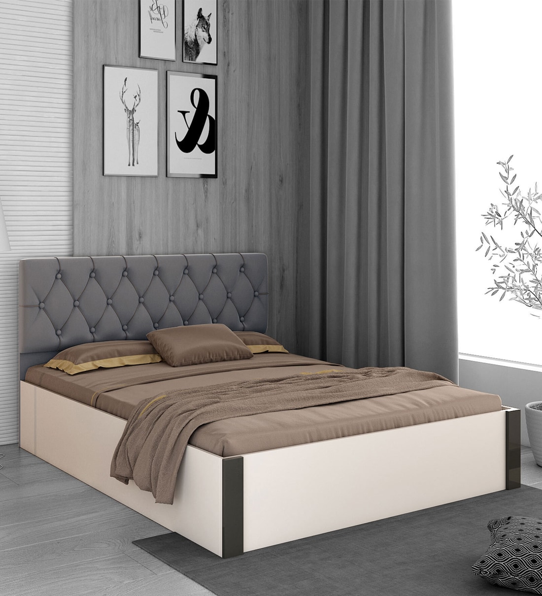 Buy Orbit King Size Bed in Frosty White Finish with Hydraulic Storage Online Contemporary King