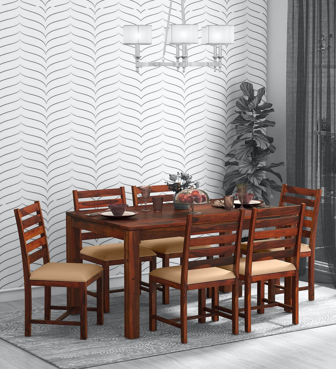Buy Oriel Sheesham Wood 6 Seater Dining Set with Cushioned Chairs in