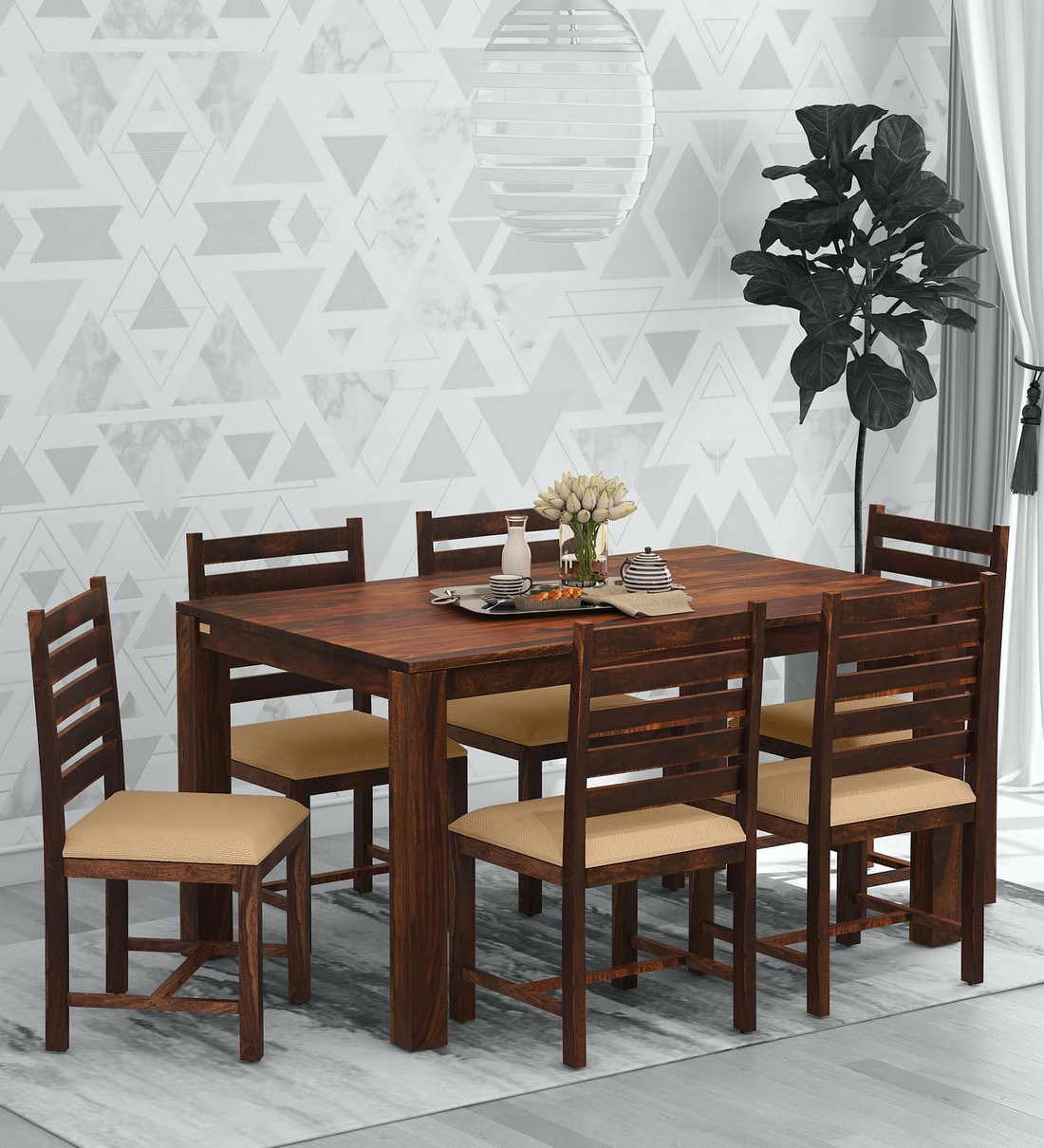 Buy Oriel Sheesham Wood 6 Seater Dining Set with Cushioned Chairs in
