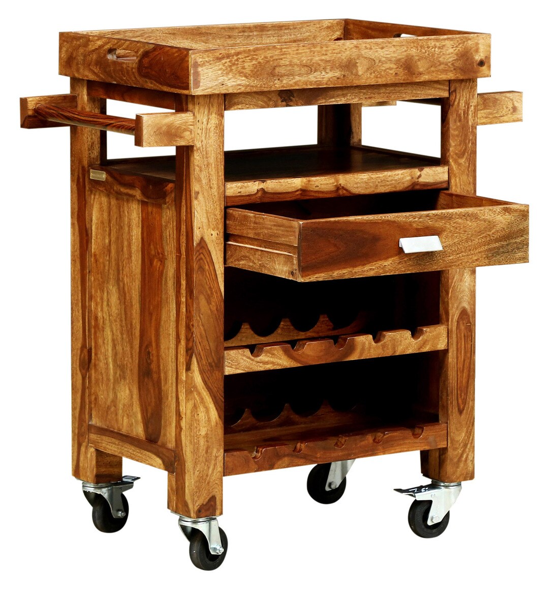 Buy Oriel Solid Wood Bar Trolley in Rustic Teak Finish By Woodsworth