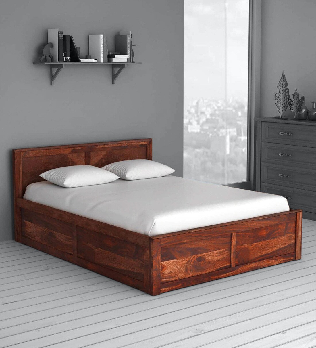 Buy Oriel Solid Wood King Size Bed With Box Storage In Honey Oak Finish
