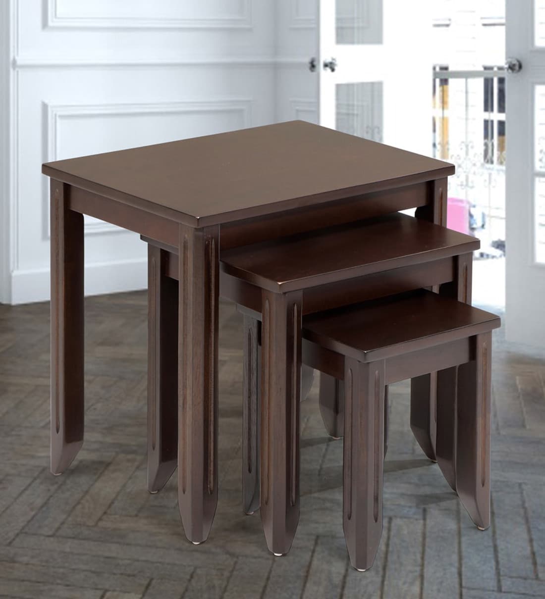 Buy Orita Solid Wood Nest Of Tables Set Of 3 In Dark Walnut Finish By Evok Online Contemporary Nest Of Tables Tables Furniture Pepperfry Product