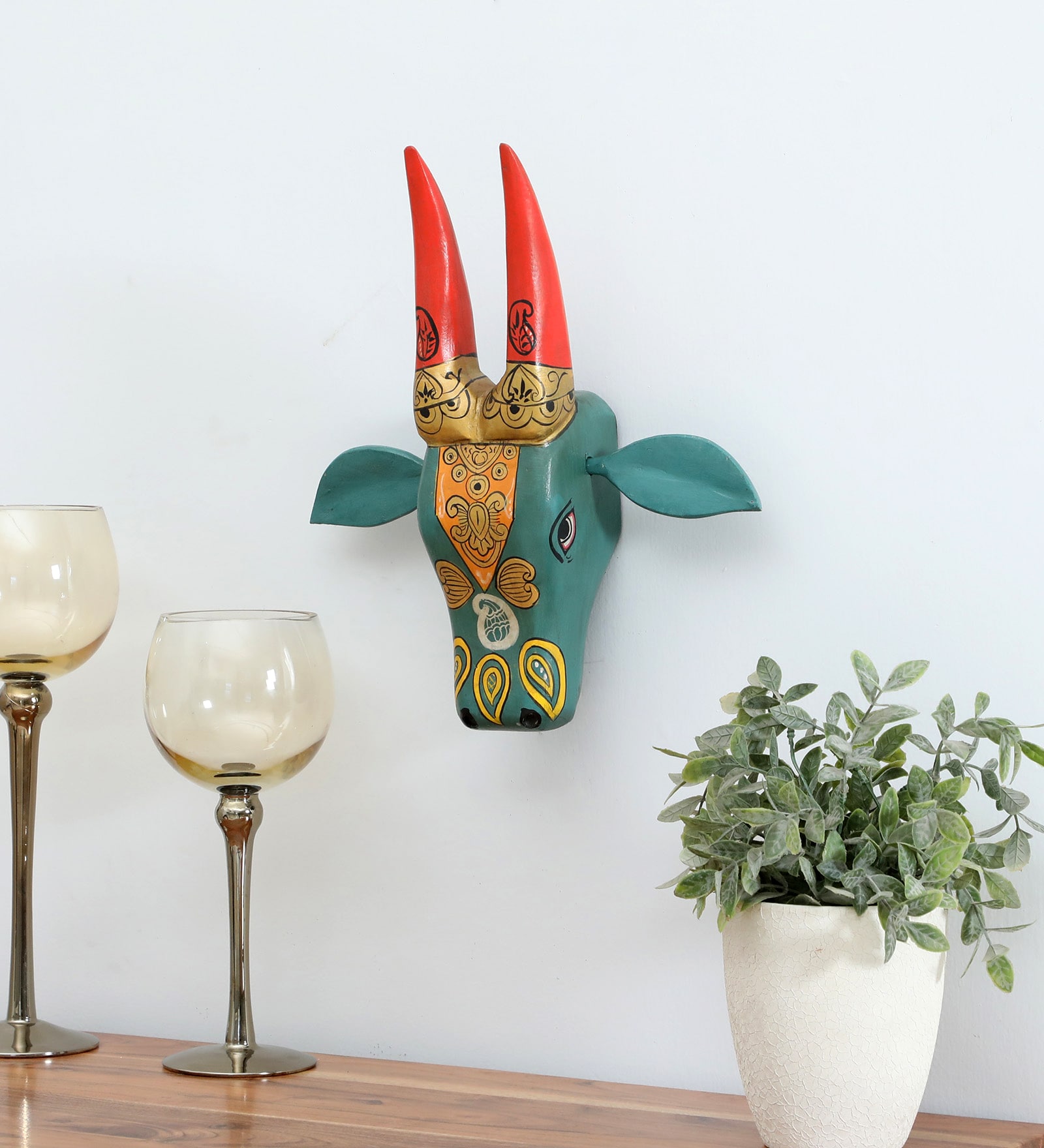 Orange & Gray Handcrafted Cow Sclupture Mango Wood Wall Mask