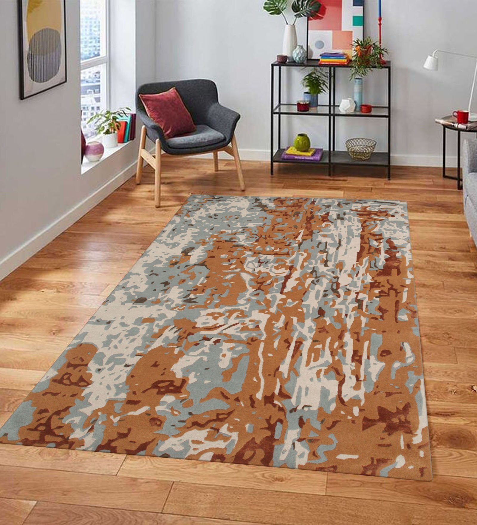 Orange & Grey Abstract Wool And Viscose 5 ft x 7 ft Hand tufted Carpet 