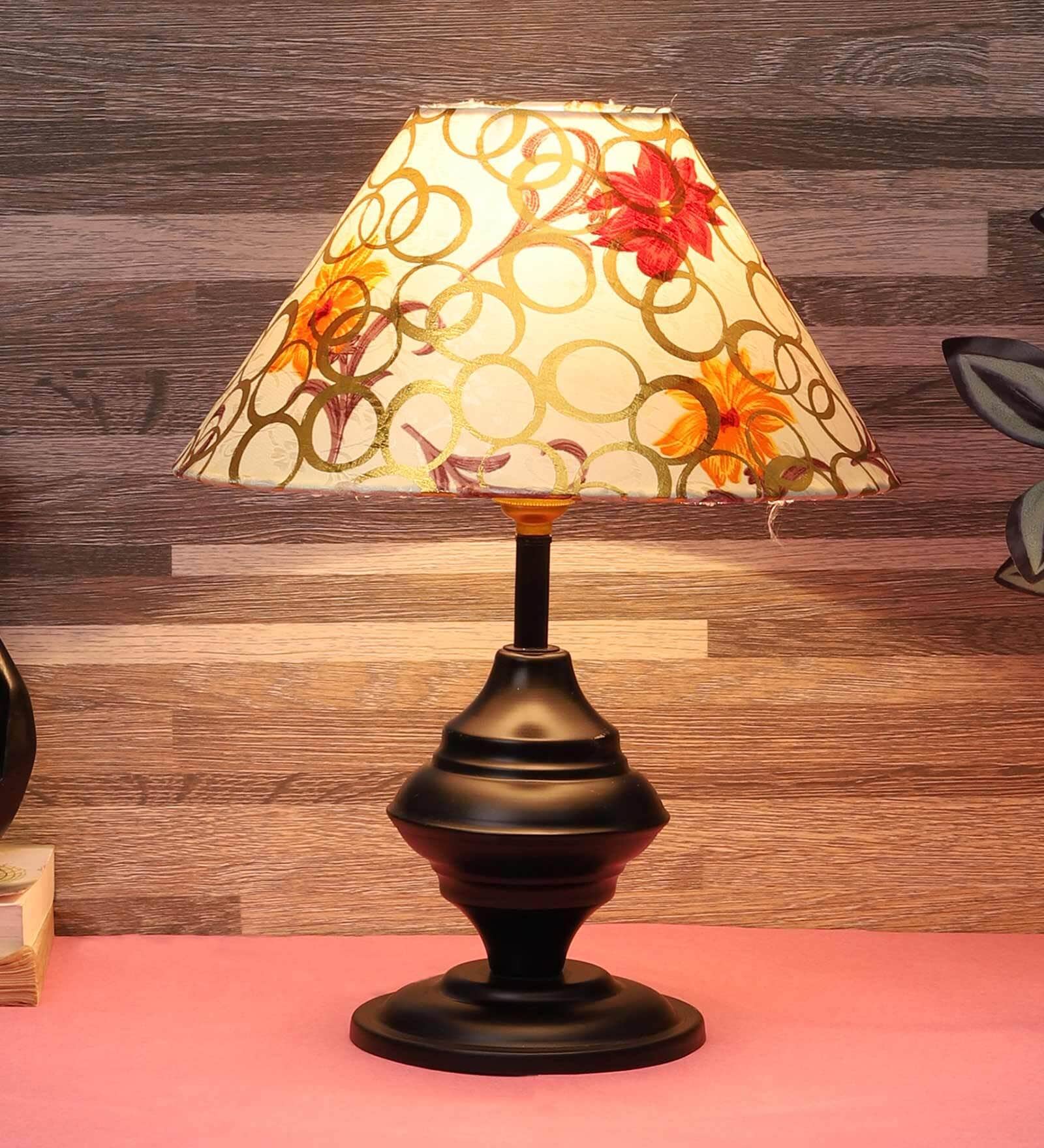 Orange & White Fabric Shade Table Lamp With Black Base