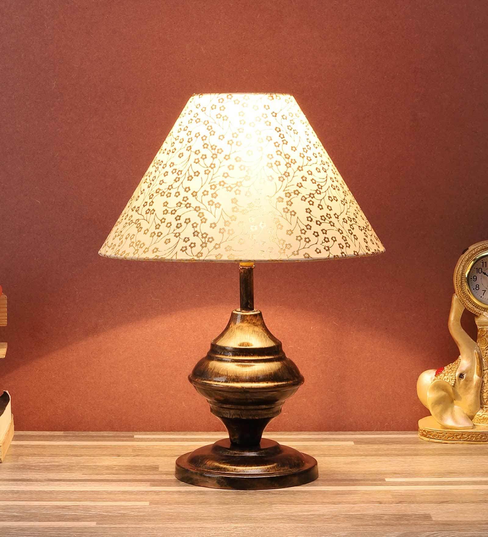 Orange & White Fabric Shade Table Lamp With Copper Base