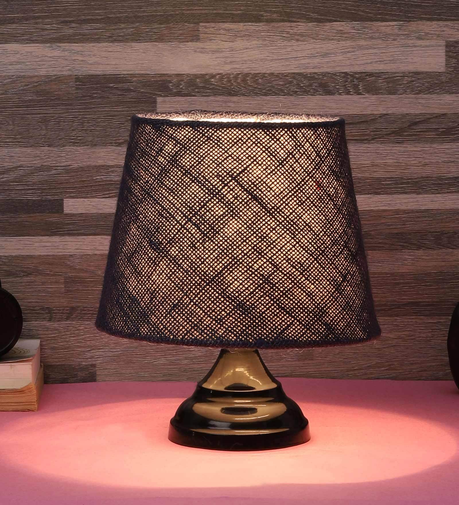 Orange & White Natural Fiber Shade Table Lamp With Black Base