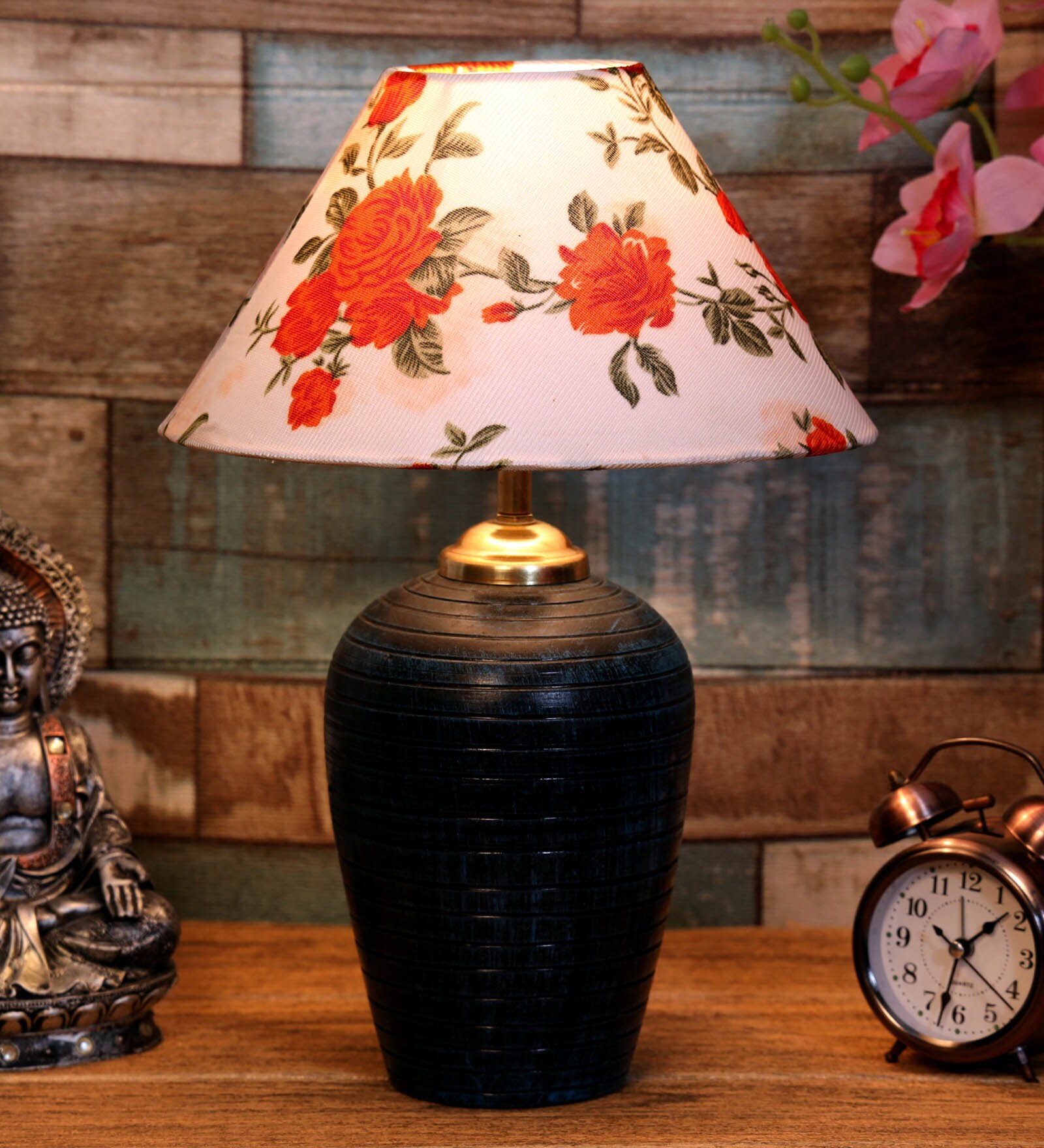 Peony Orange & White Fabric Shade Night Lamp With Teracotta Base