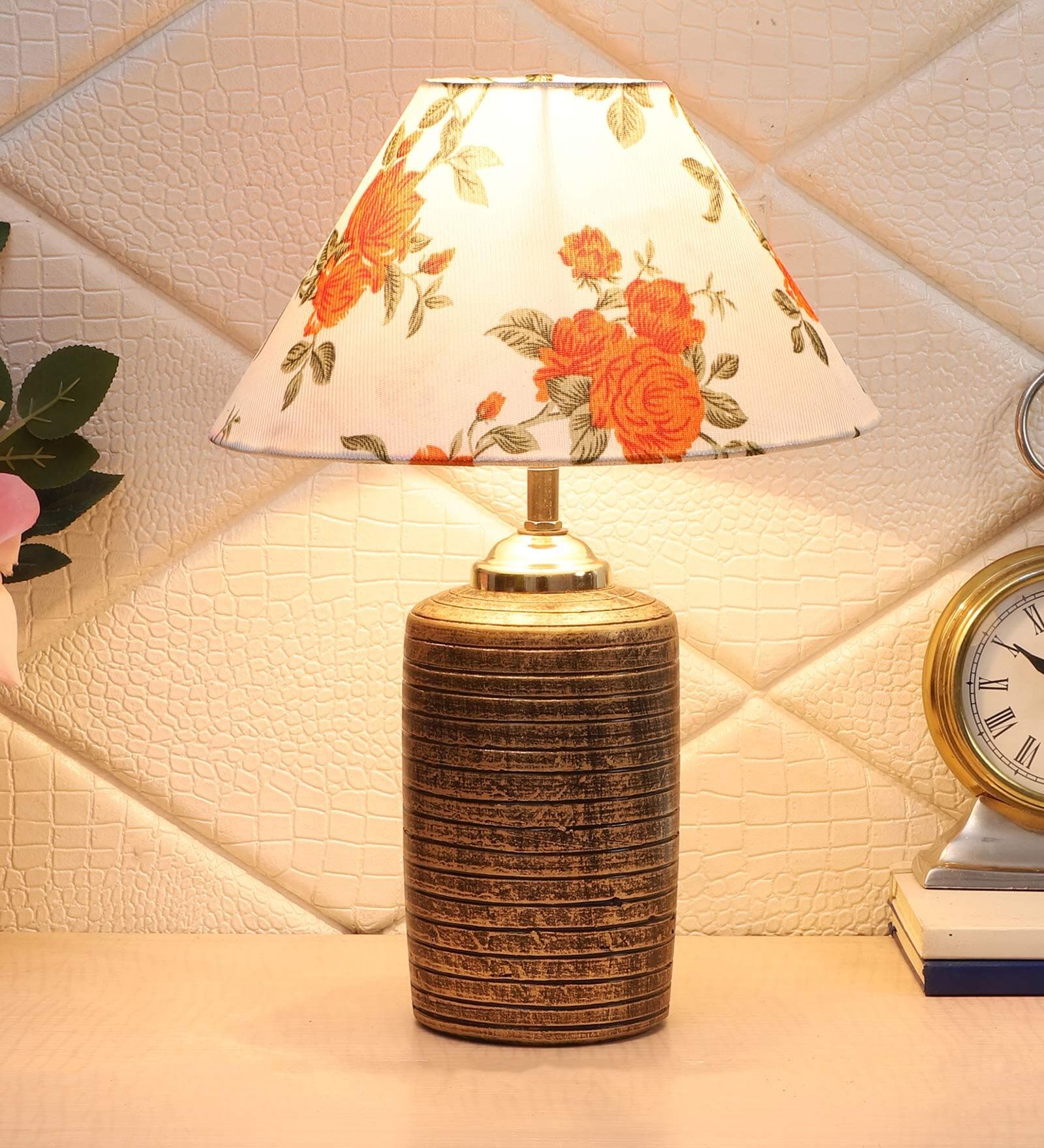 Orange & White Shade Table Lamp With Antique Terracotta Base