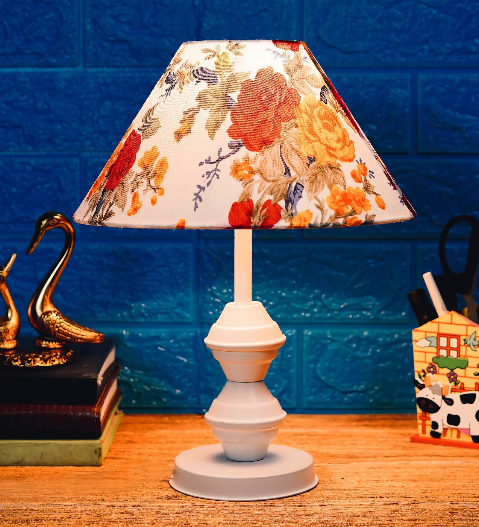 Orange & White Shade Table Lamp With Metal Base