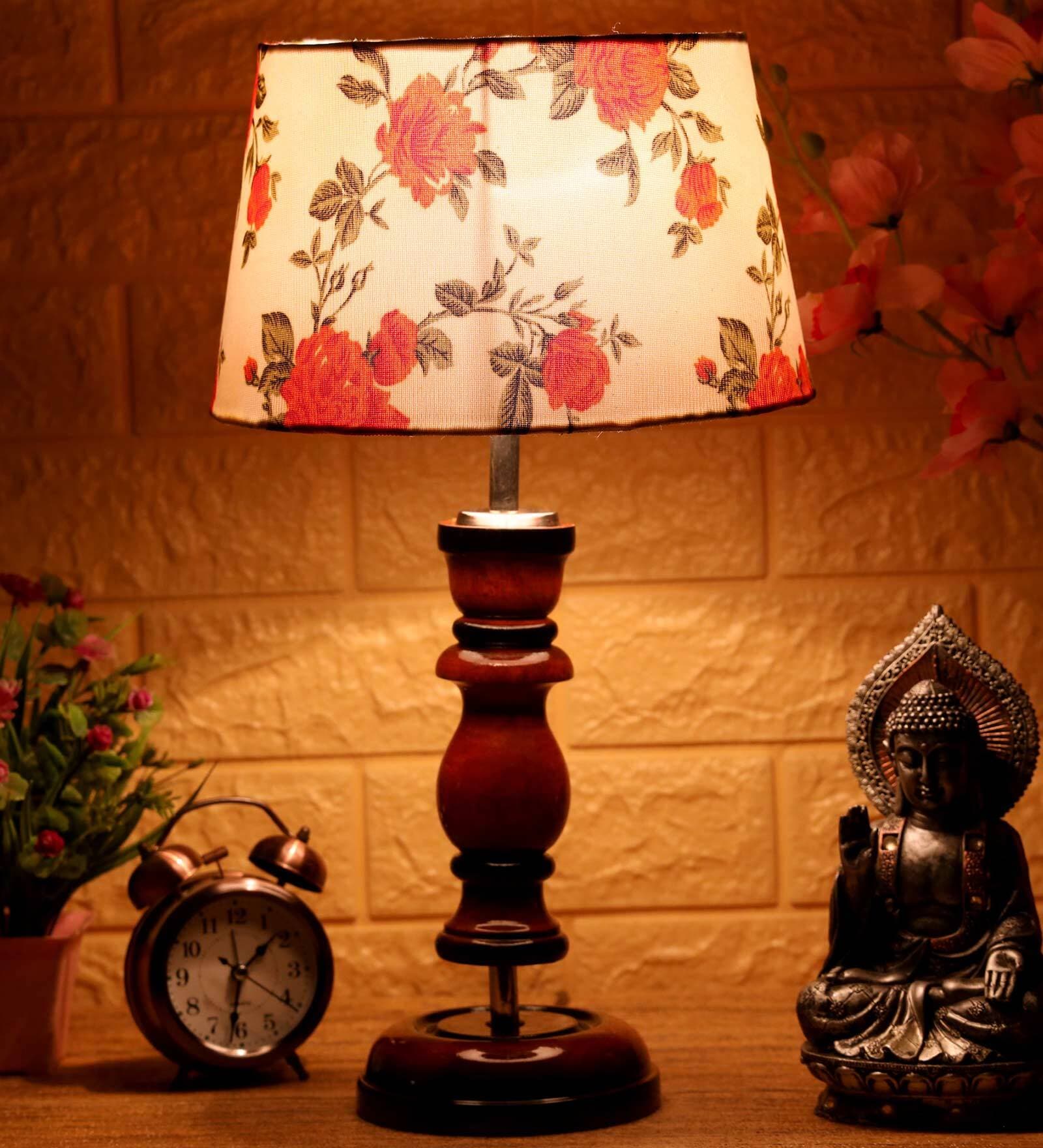 Paxton Orange & White Fabric Shade Night Lamp With Wood Base