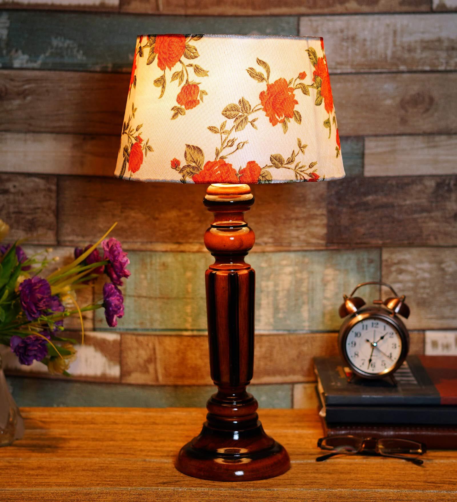 Ventus Orange & White Fabric Shade Night Lamp With Wood Base