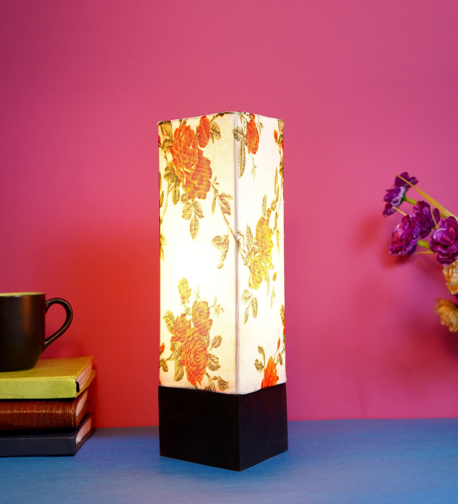 Inspired Orange & White Fabric Shade Table Lamp With Wood Base