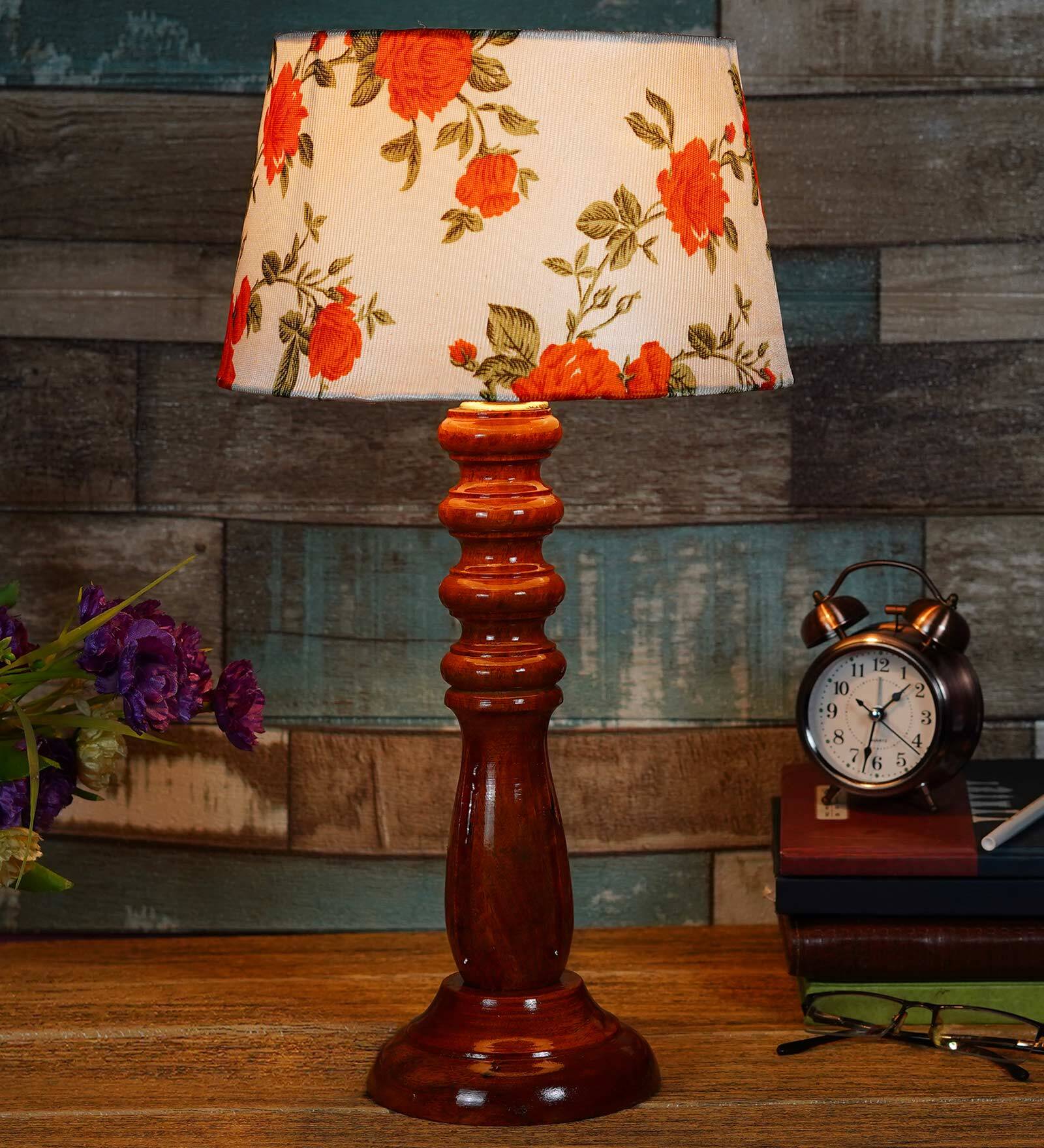 Nirvana Orange & White Fabric Shade Night Lamp With Wood Base