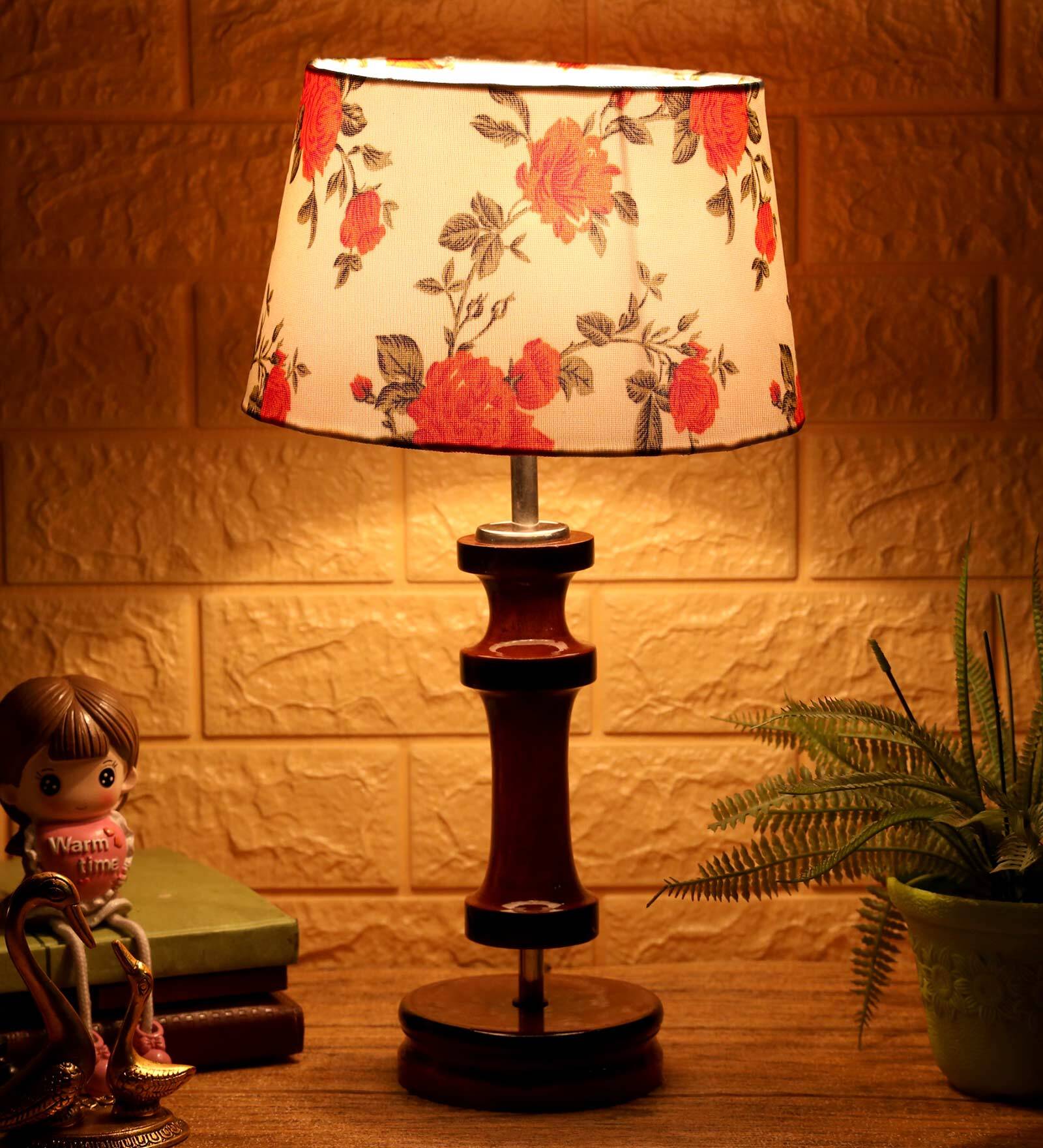 Brescia Orange & White Fabric Shade Night Lamp With Wood Base