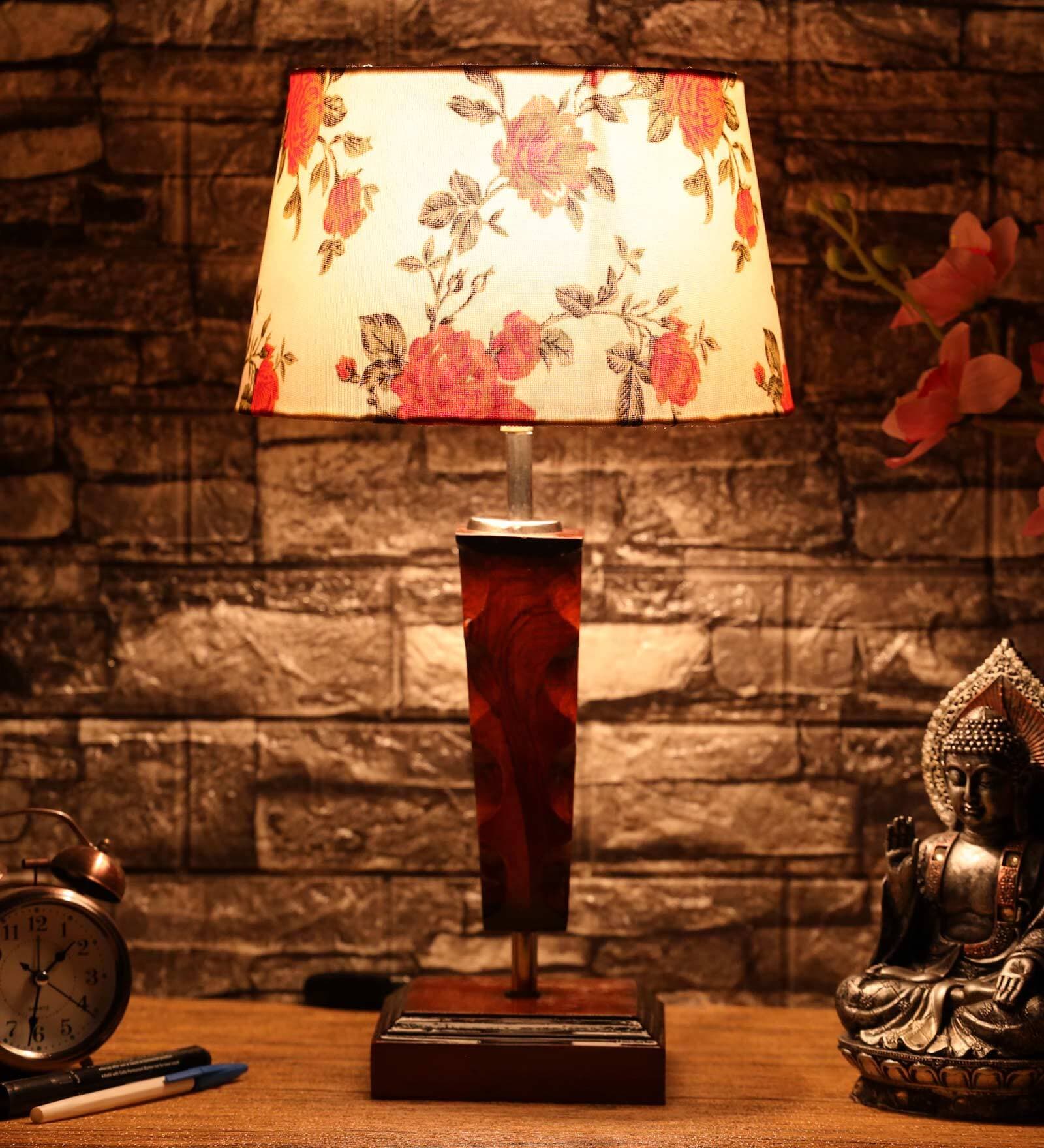 Titan Orange & White Fabric Shade Night Lamp With Wood Base