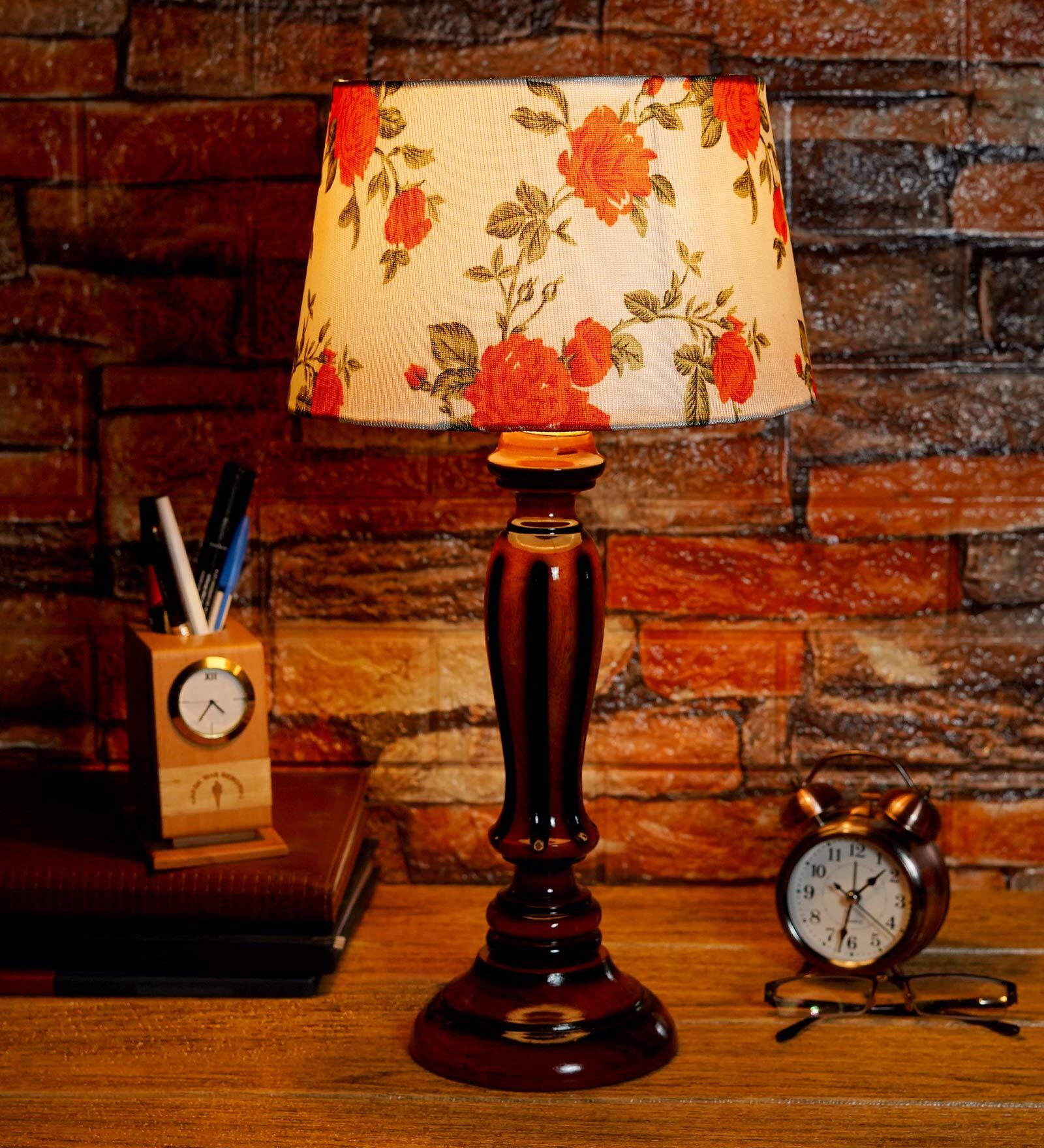 Mendeleev Orange & White Fabric Shade Night Lamp With Wood Base