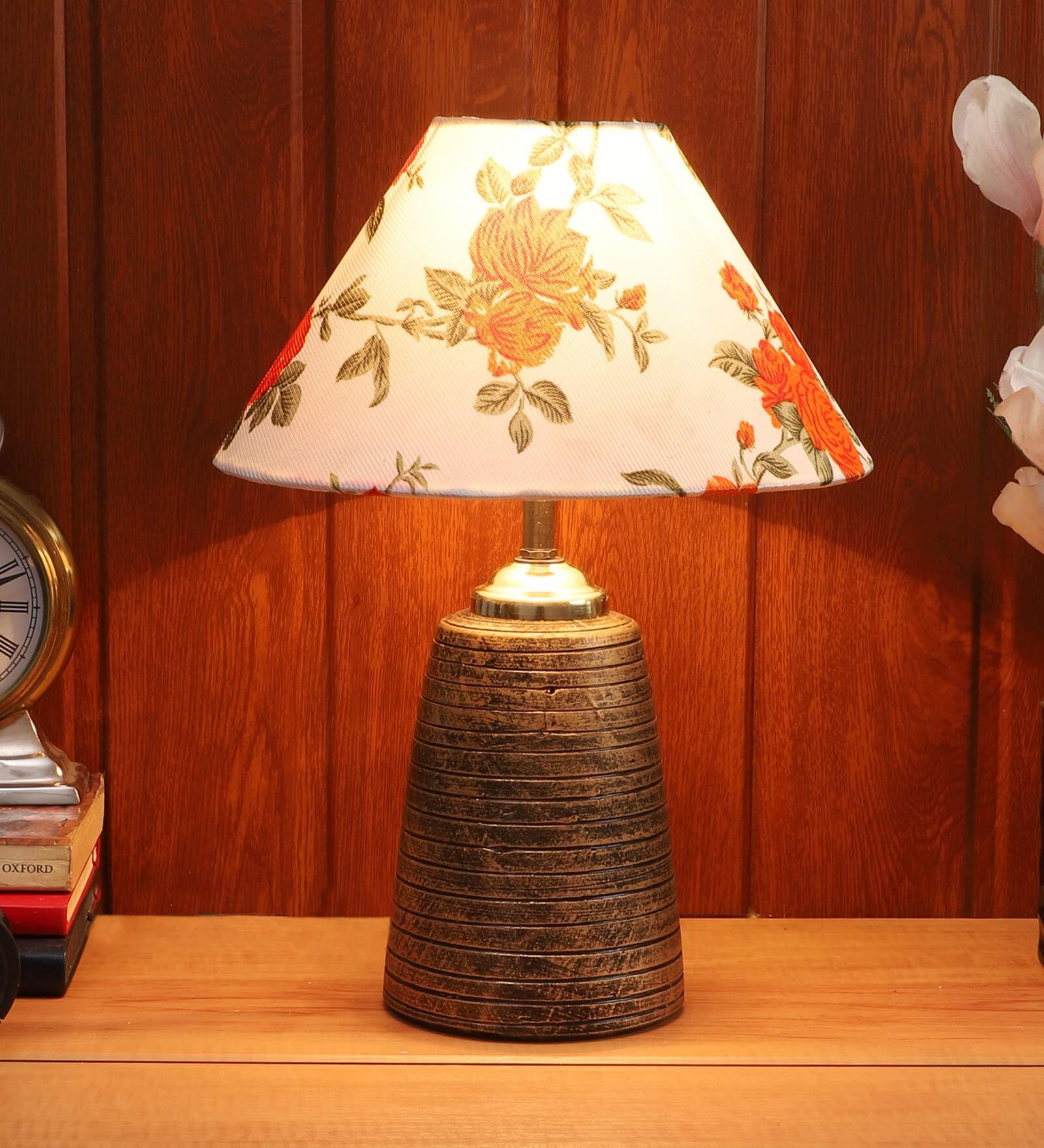 Orange & White Table Lamp With Brown Base
