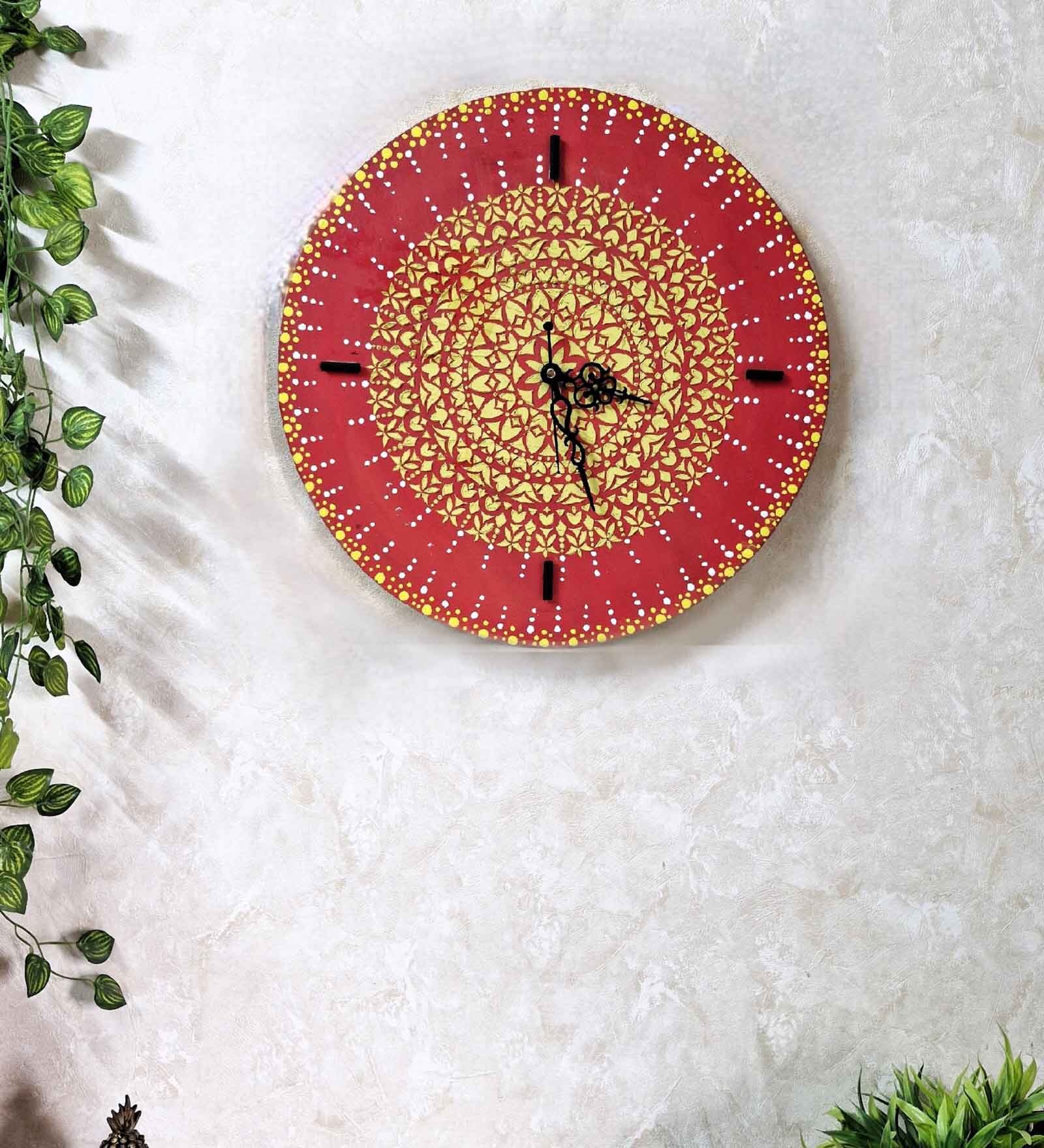 Orange & Yellow Colour Engineered Wood Wall Clock With 3D Texture Without Glass