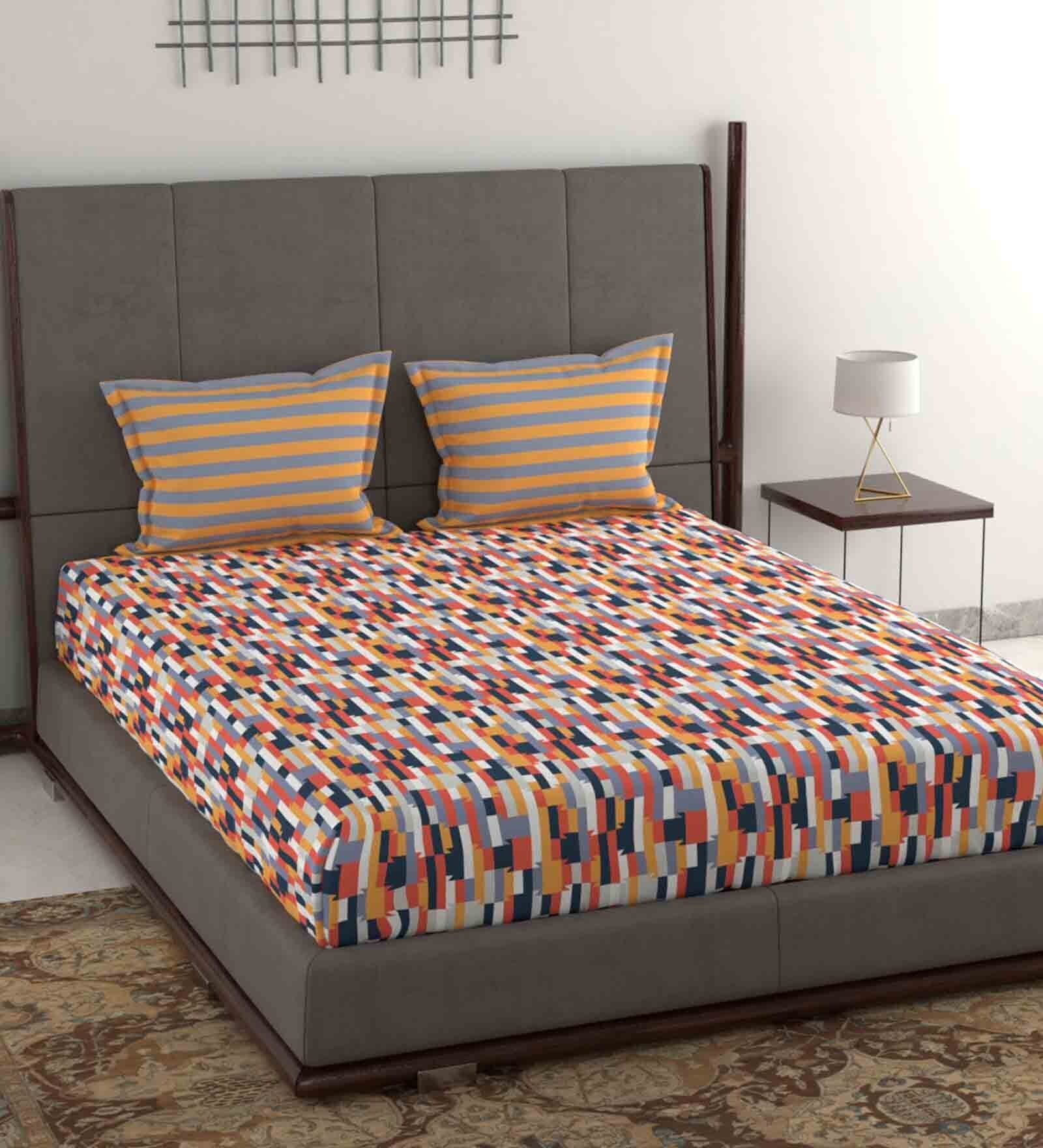 Buy Orange Geometric 120 TC Cotton 1 Double Bedsheet with 2 Pillow