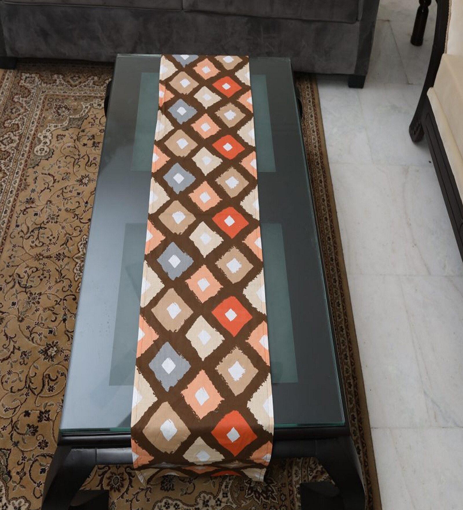 Floral Diamond (72x13) Brown & Orange Cotton Table Runner