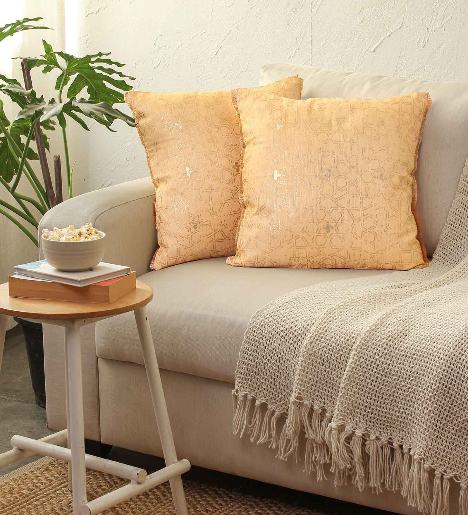 Orange 100% Cotton Geometric 16x16 inches Cushion Covers (Set of 2)