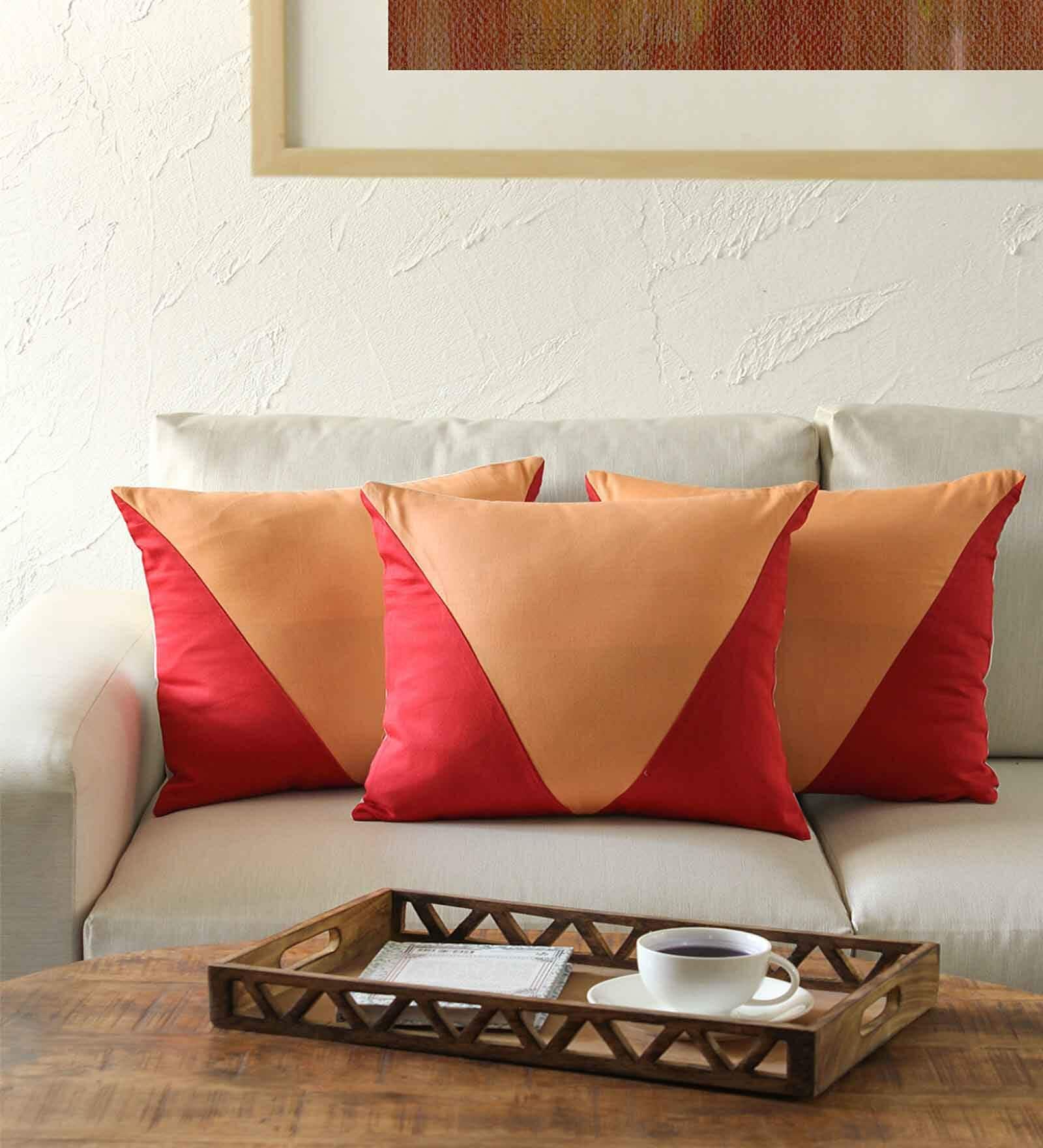 Orange 100% Cotton Geometric 16x16 inches Cushion Covers (Set of 3)