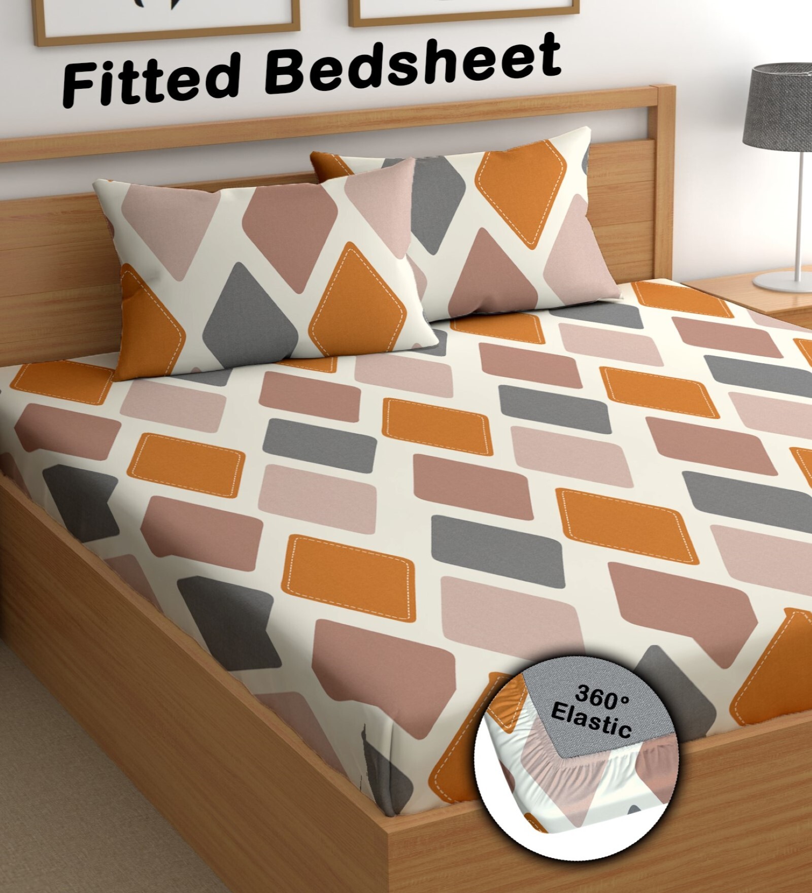 Orange 180 TC Geometric Cotton Fitted Double Bedsheet 2 Pillow covers