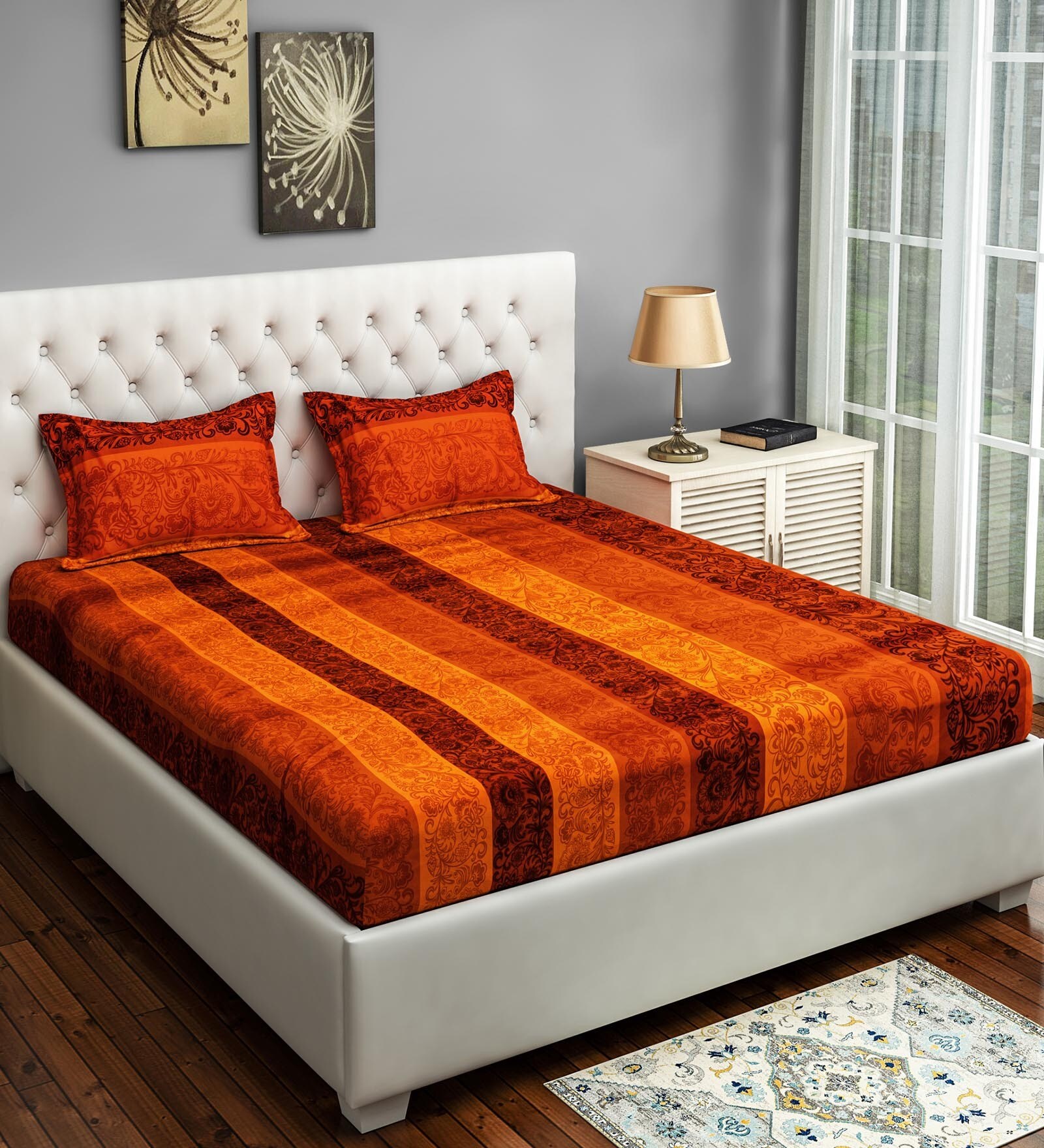Orange - Cotton Double Hand Batik Print Bed Sheet Set 19
