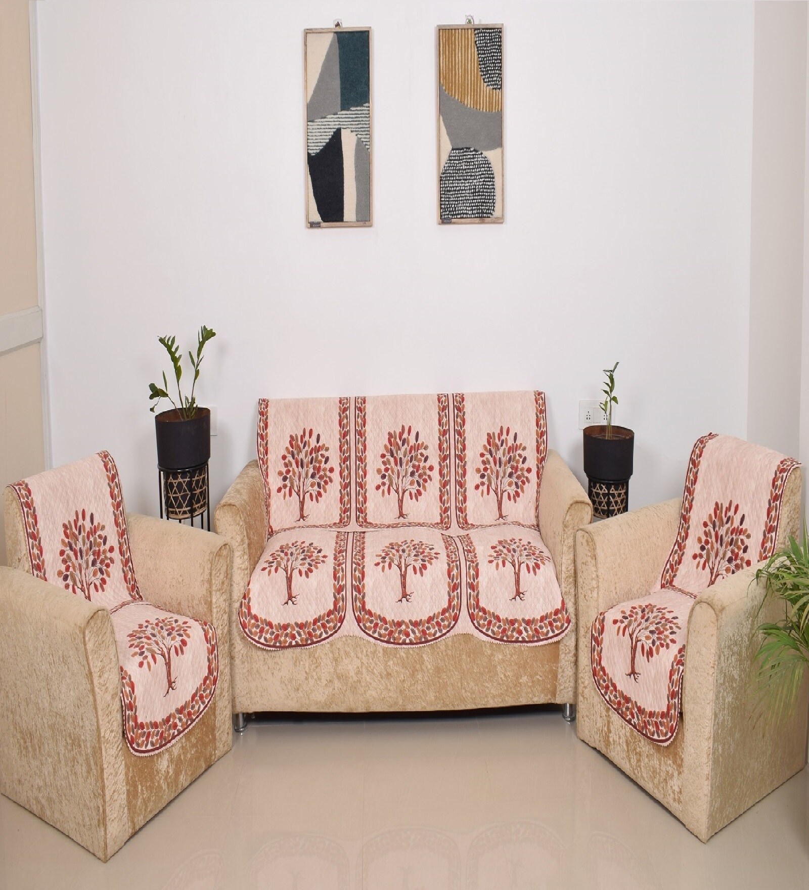 Orange 5 Seater Floral 10Pcs Sofa Covers