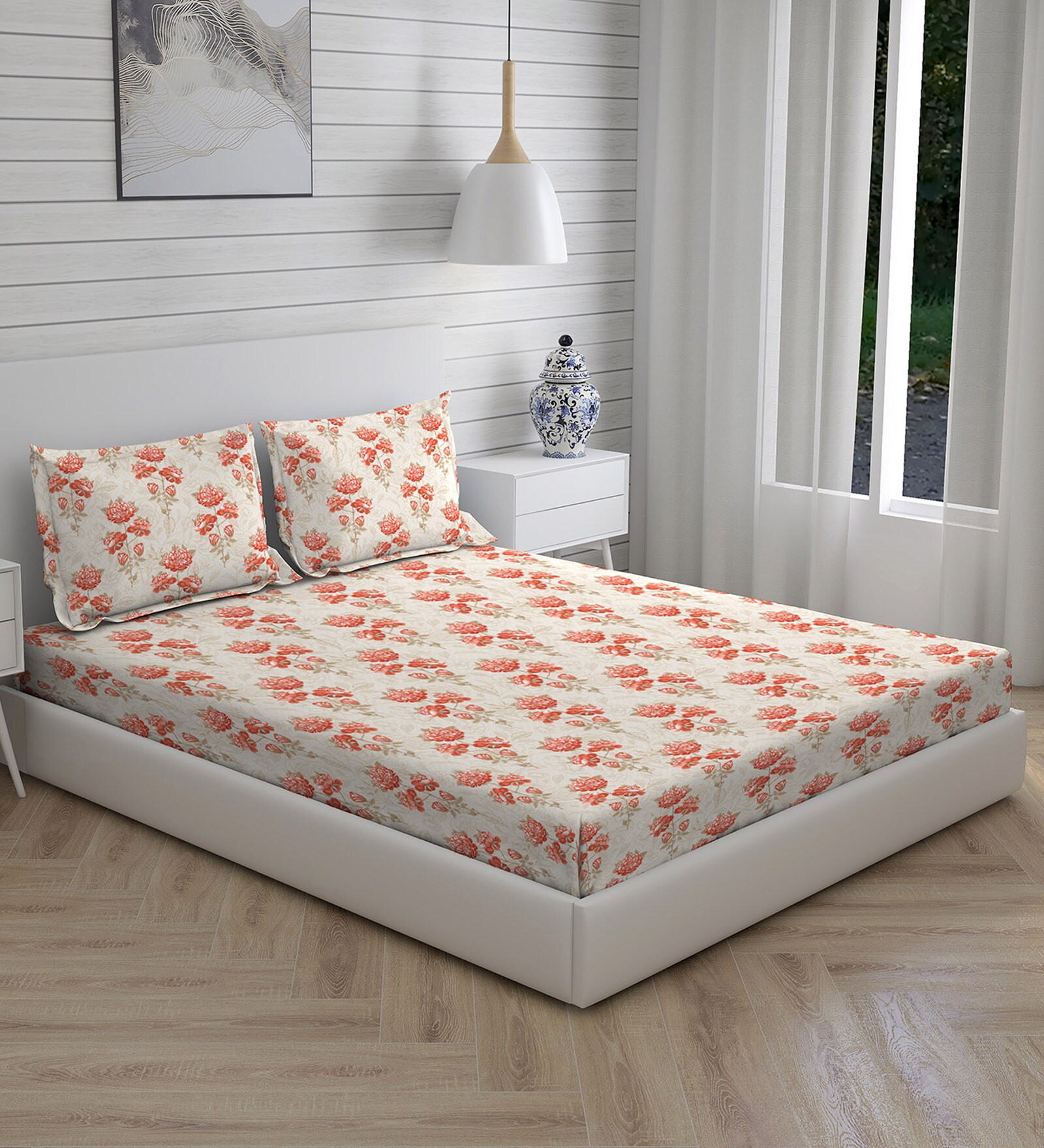 Buy Orange Floral 144 TC Cotton Queen Sized Bed Sheets with 2 Pillow ...