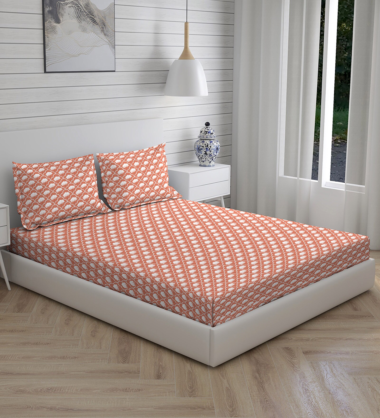Orange Floral 144 TC Cotton King Sized Bed Sheets with 2 Pillow Covers