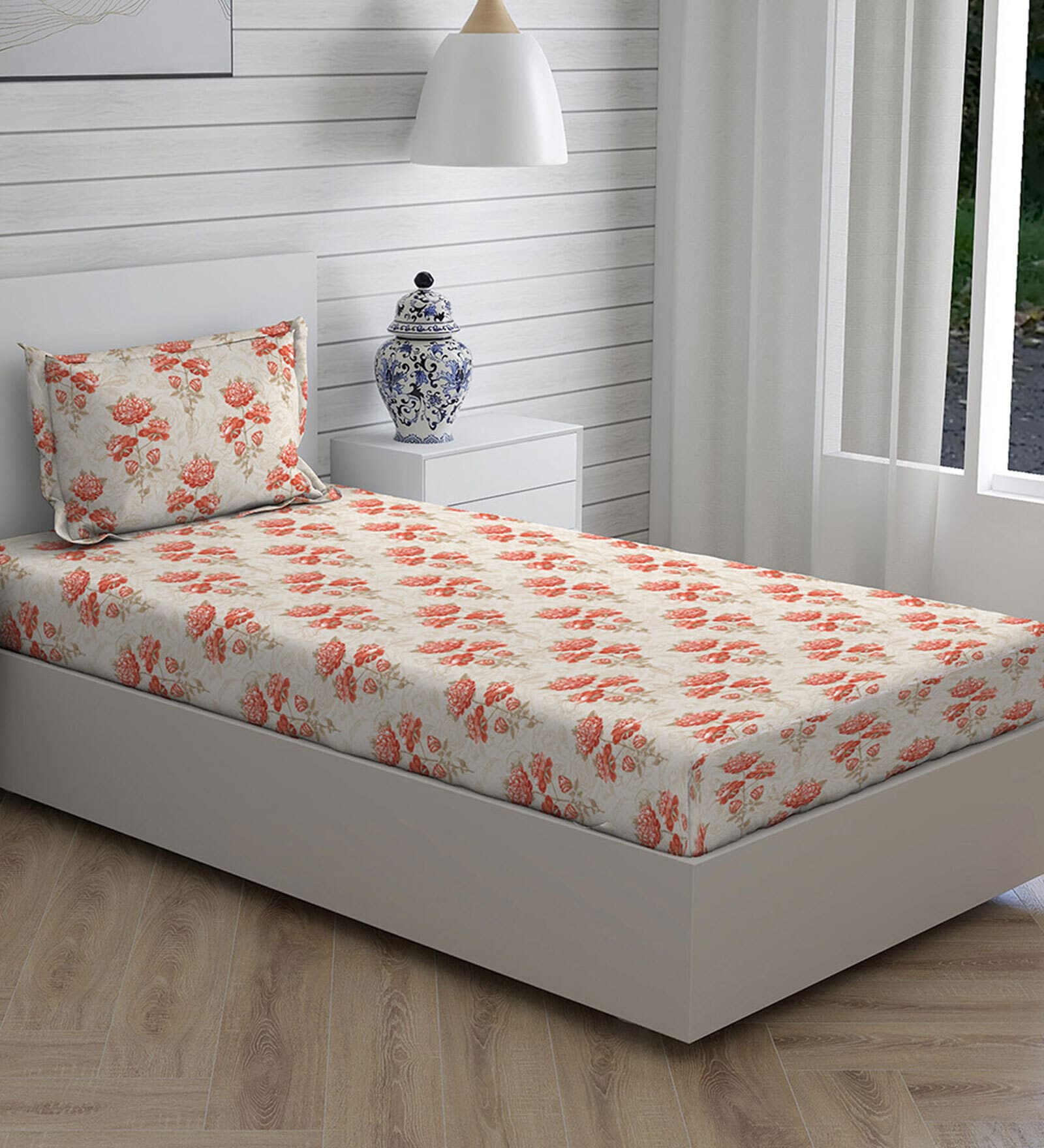 Buy Orange Floral 144 TC Cotton Single Bed Sized Bed Sheets With 1