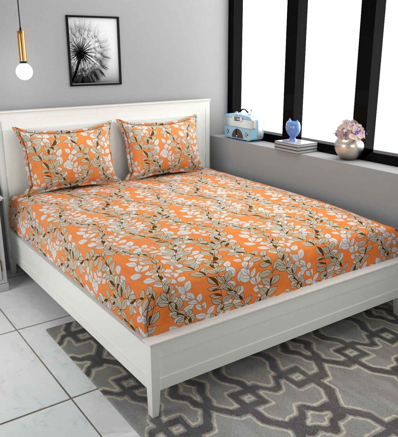 Orange Floral 180 TC Microfiber Double Bedsheet With 2 Pillow Covers