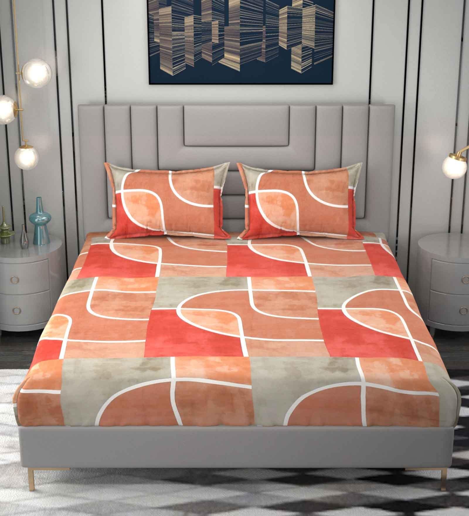 Orange Abstract 220 TC Microfiber King Size Fitted Bedsheet With 2 Pillow Covers