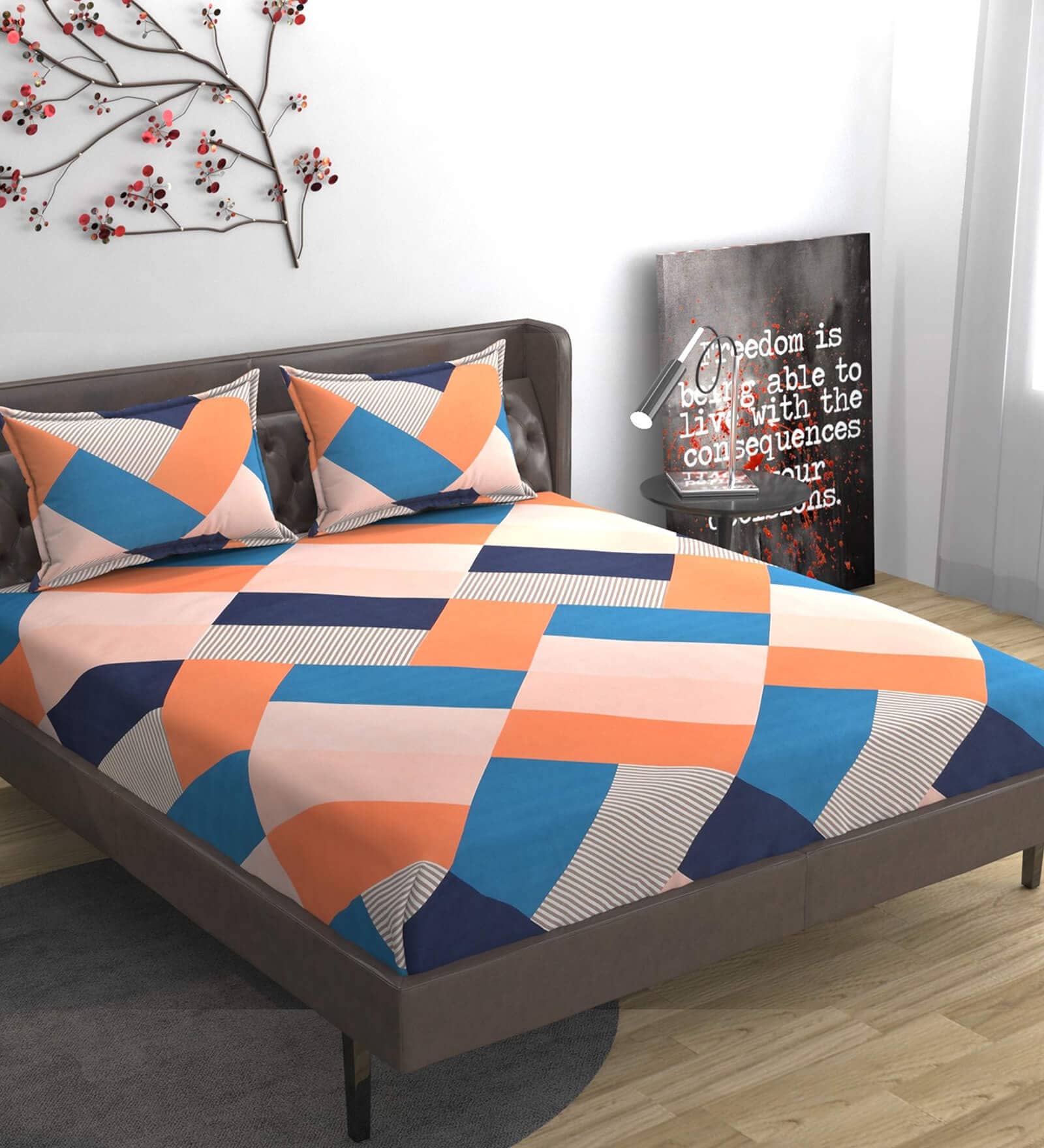 Orange Abstract 280 TC Microfibre Fitted King Bedsheet 2 Pillow Covers