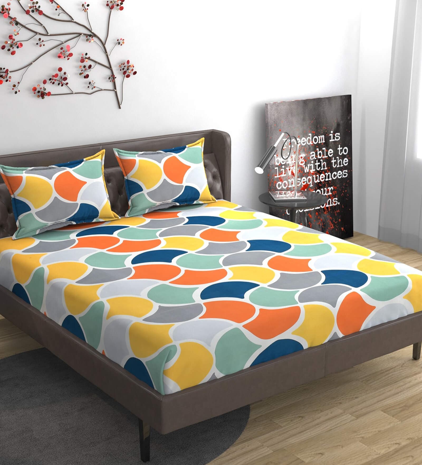 Multicolor Abstract 280 TC Microfibre Fitted King Bedsheet 2 Pillow Covers