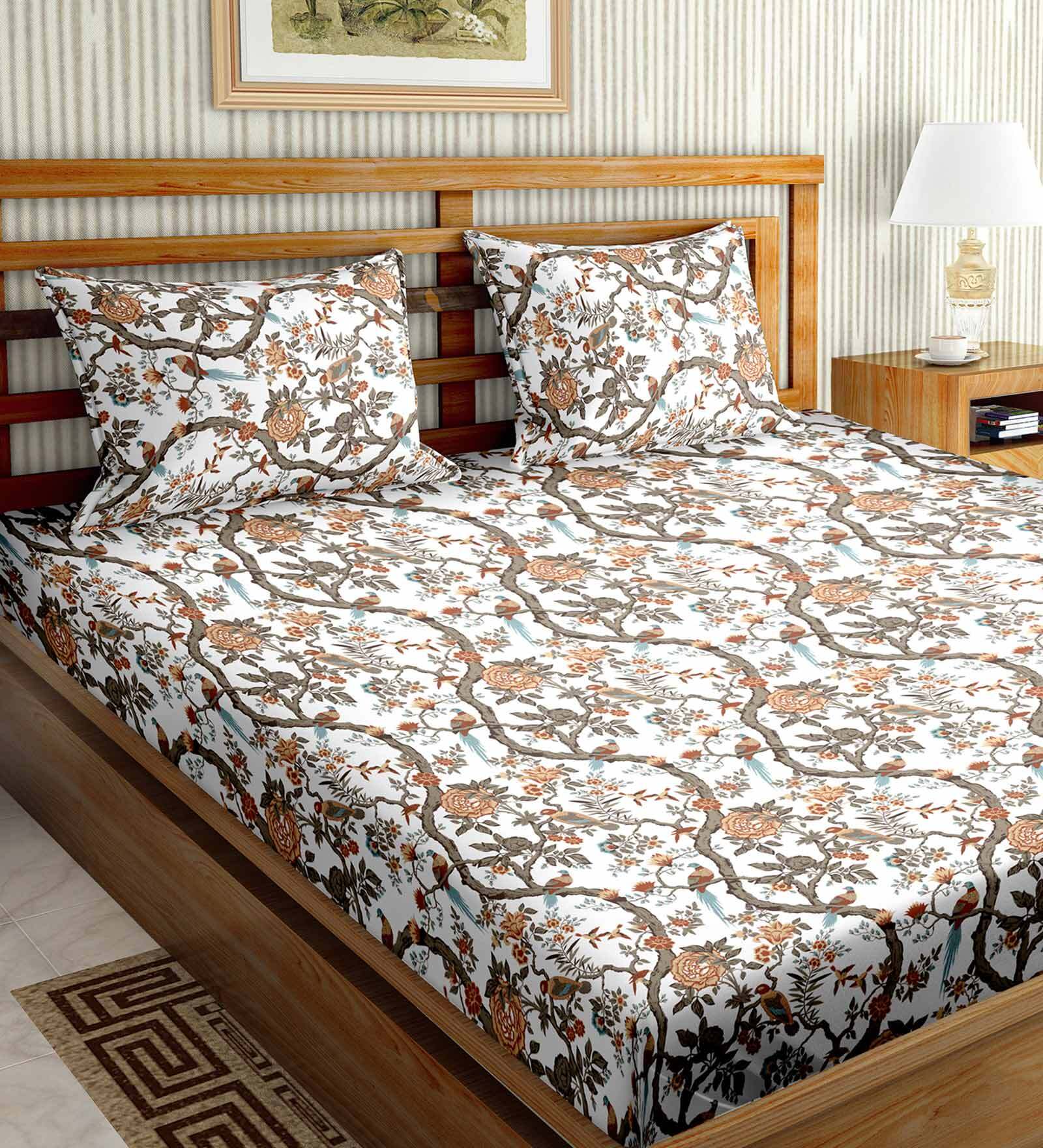 Buy Orange Floral TC 180TC Cotton King Bed Sheet With 2 Pillow Covers