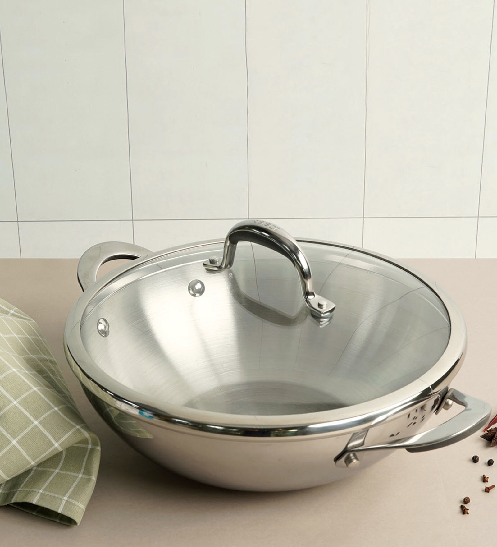 Selecta 10.2 Inch Nickel Free Silver Stainless Steel Kadhai with Lid
