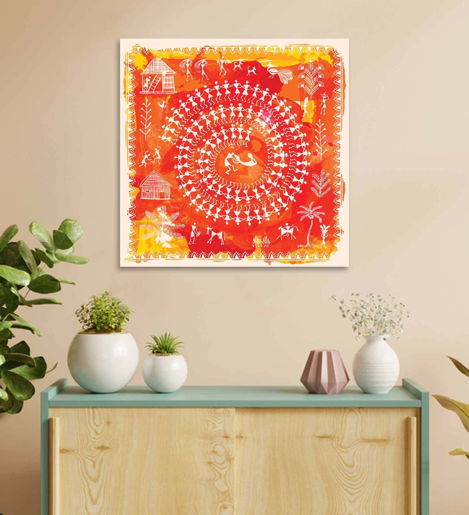 Warli Orange Canvas Teakwood And MDF Framed Art Print