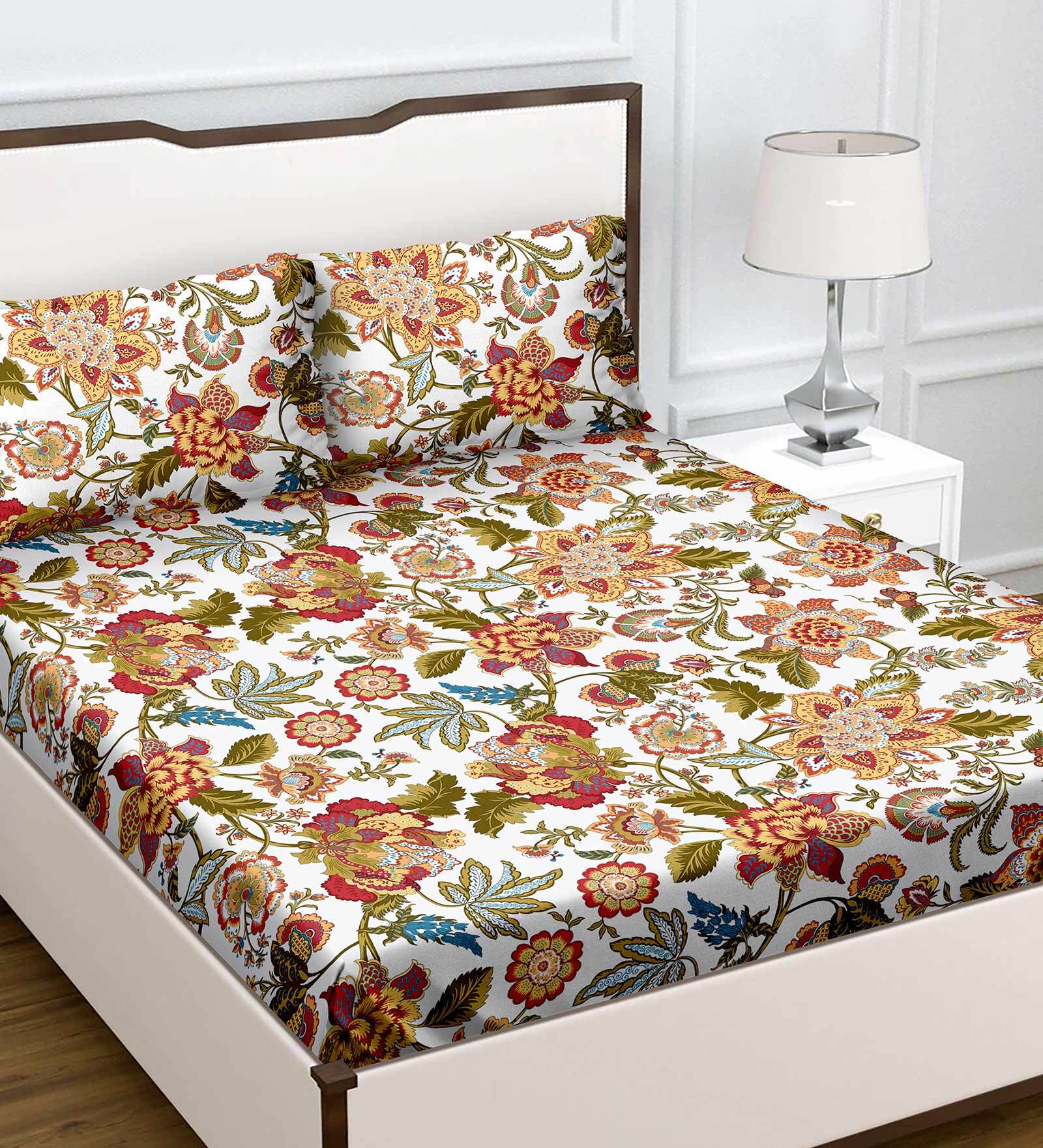 Buy Orange Floral 180 TC Cotton Queen Sized Bed Sheets with 2 Pillow ...