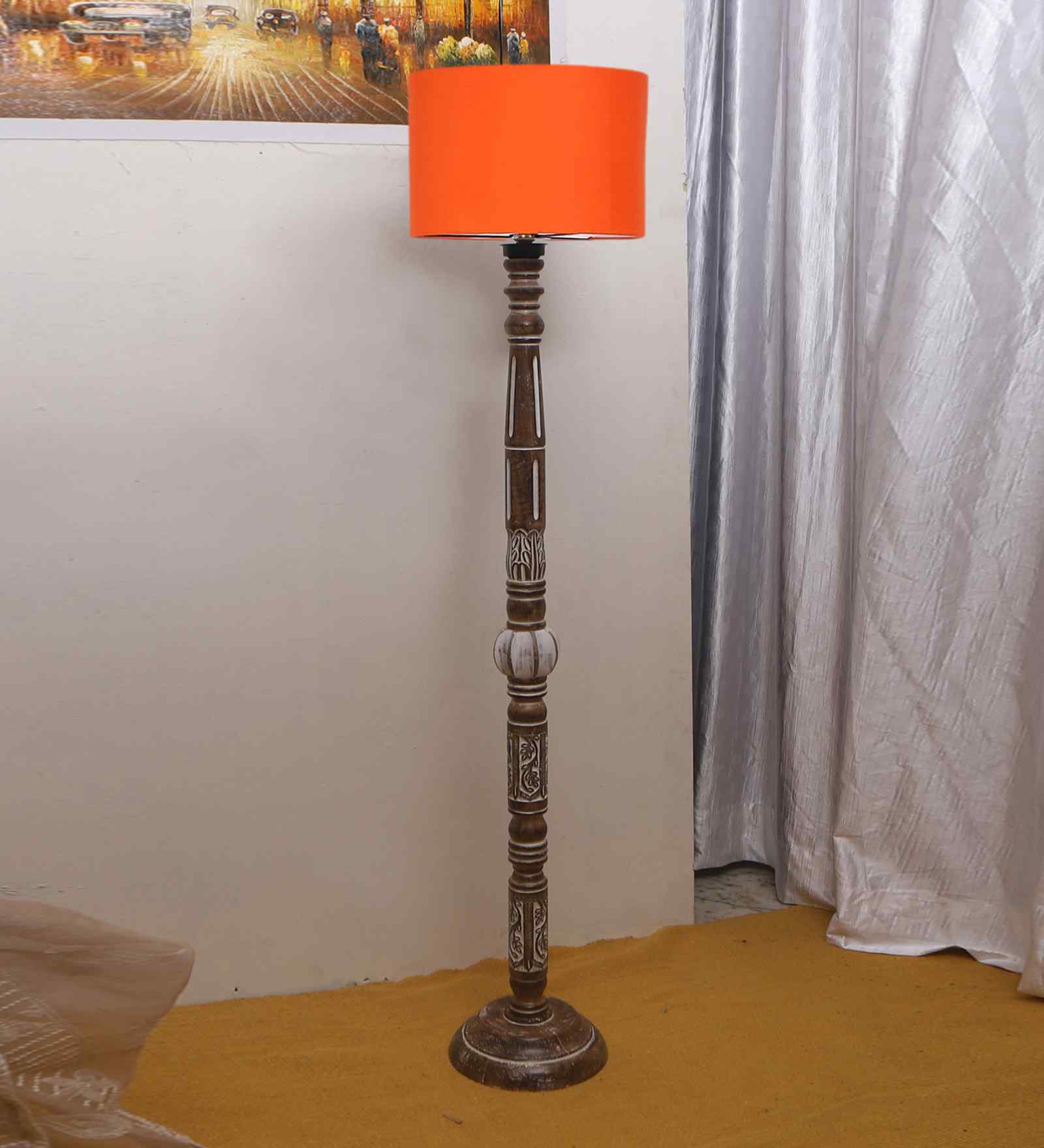 Orange Cotton Drum Wooden Floor Lamp