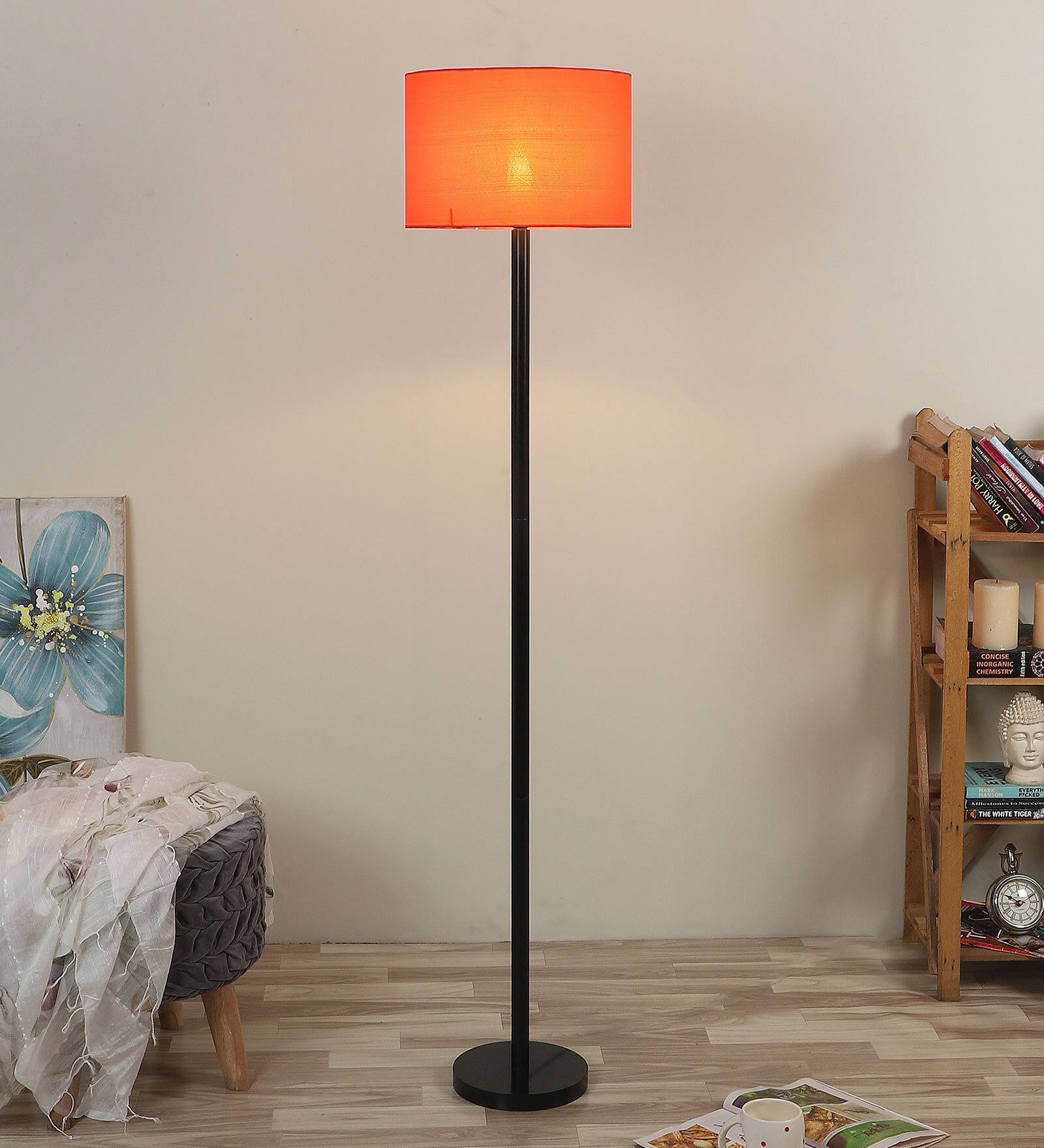 Cherosi Orange Cotton Shade Club Floor Lamp With MDF Base