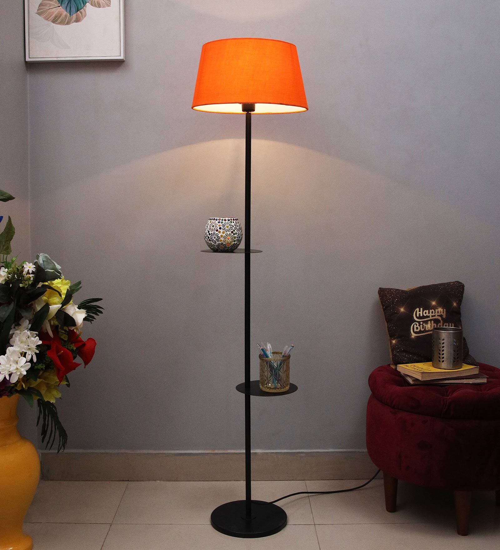 Orange Cotton Shade Floor Lamp With Metal Base