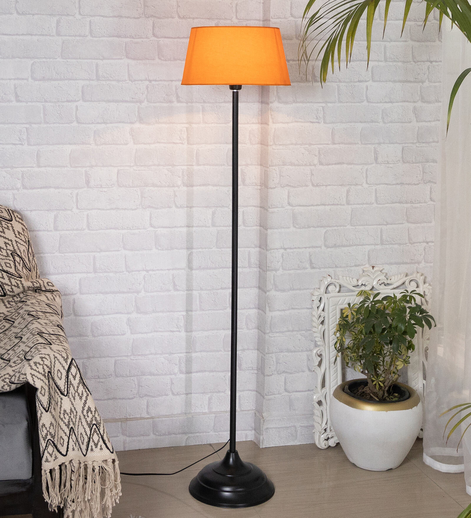 Orange Cotton Shade Floor Lamp With Metal Base