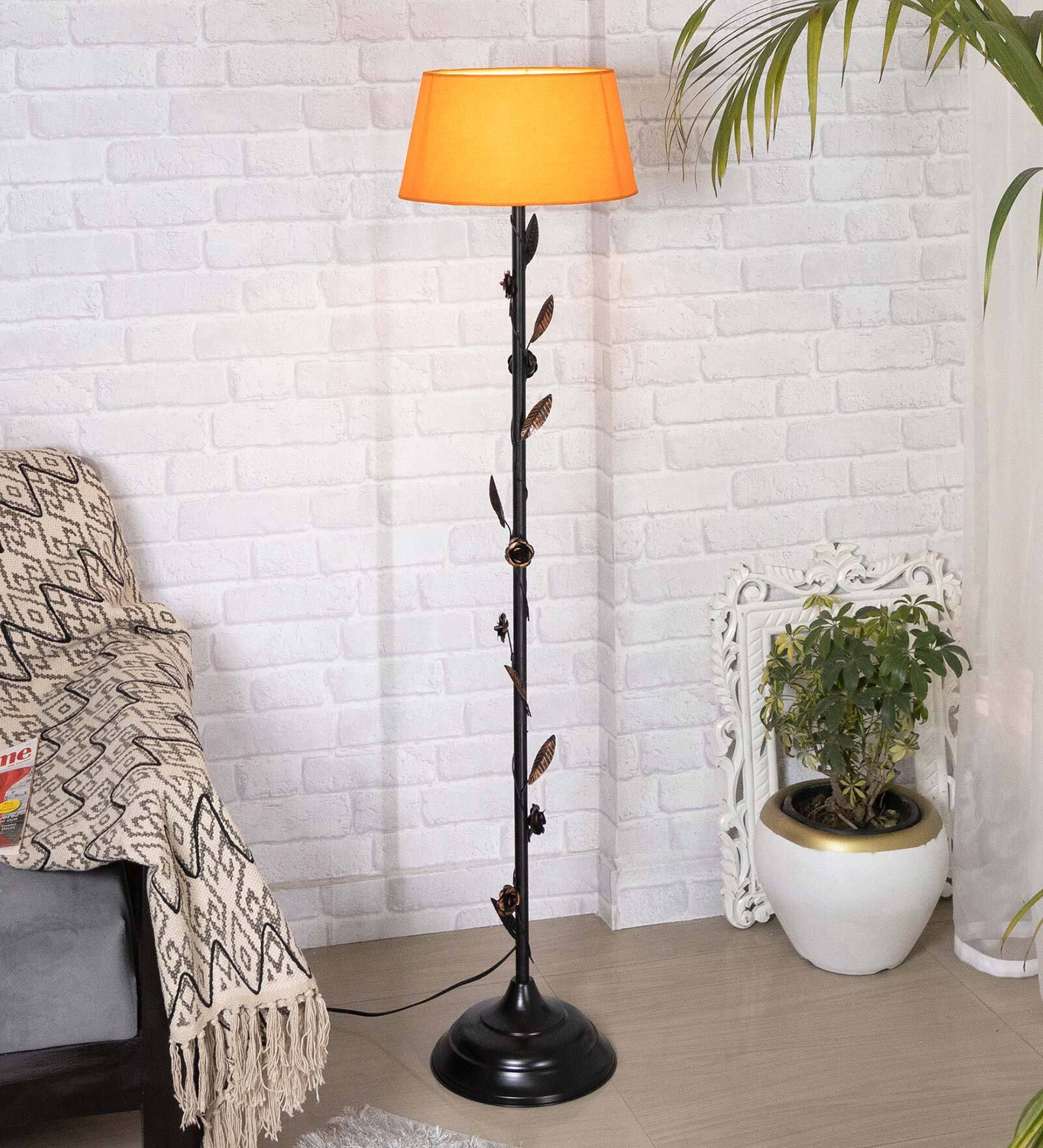 Royal Orange Cotton Shade Club Floor Lamp With Metal Base