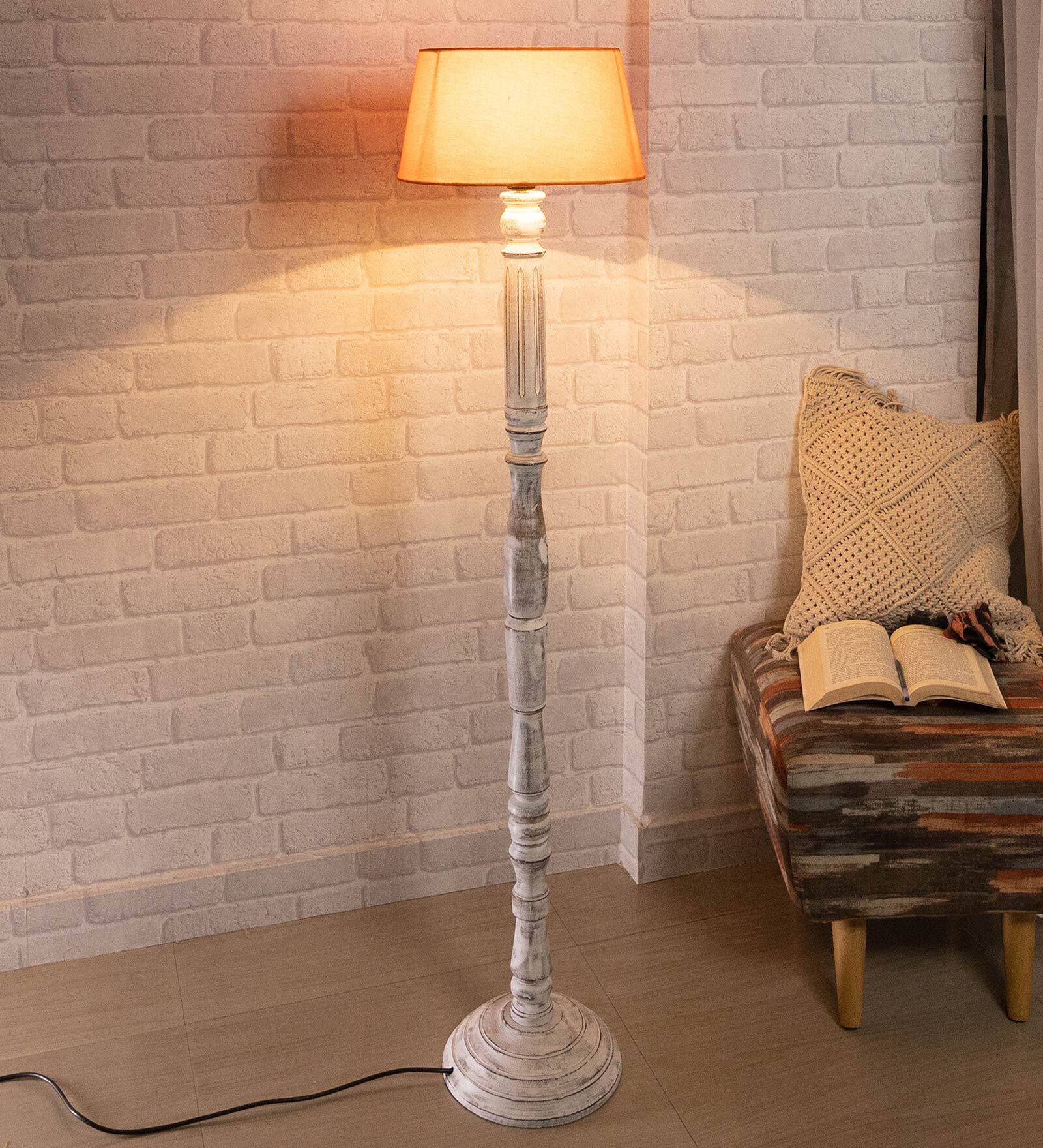 Orange Cotton Shade Floor Lamp With Wooden Base